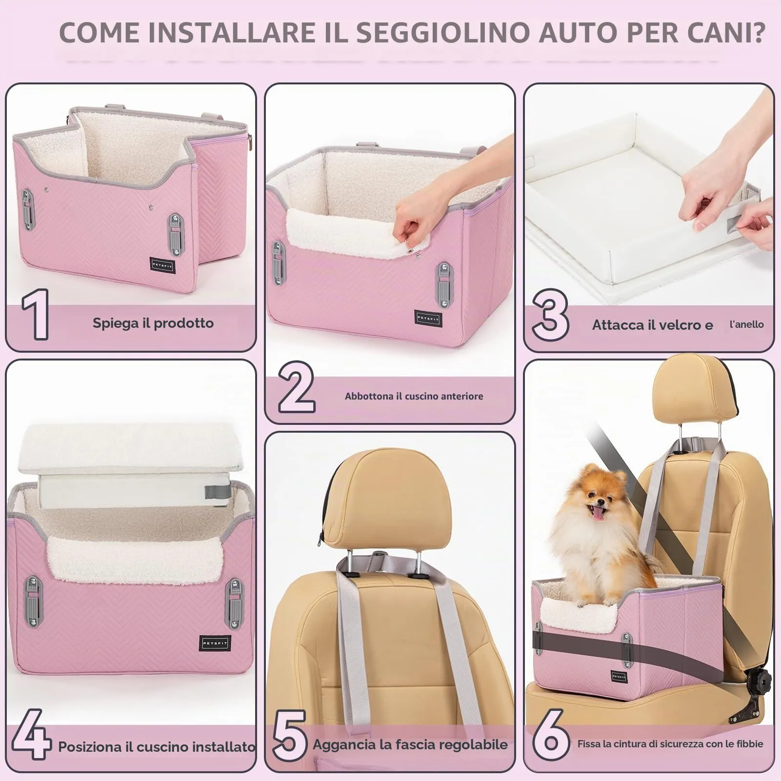 Petsfit Seggiolini auto per cani con fibbie di fissaggio per cintura di sicurezza, impermeabile, in pelle PU, con guinzaglio a clip, per animali domestici di piccola taglia fino a 6kg - immagine 7
