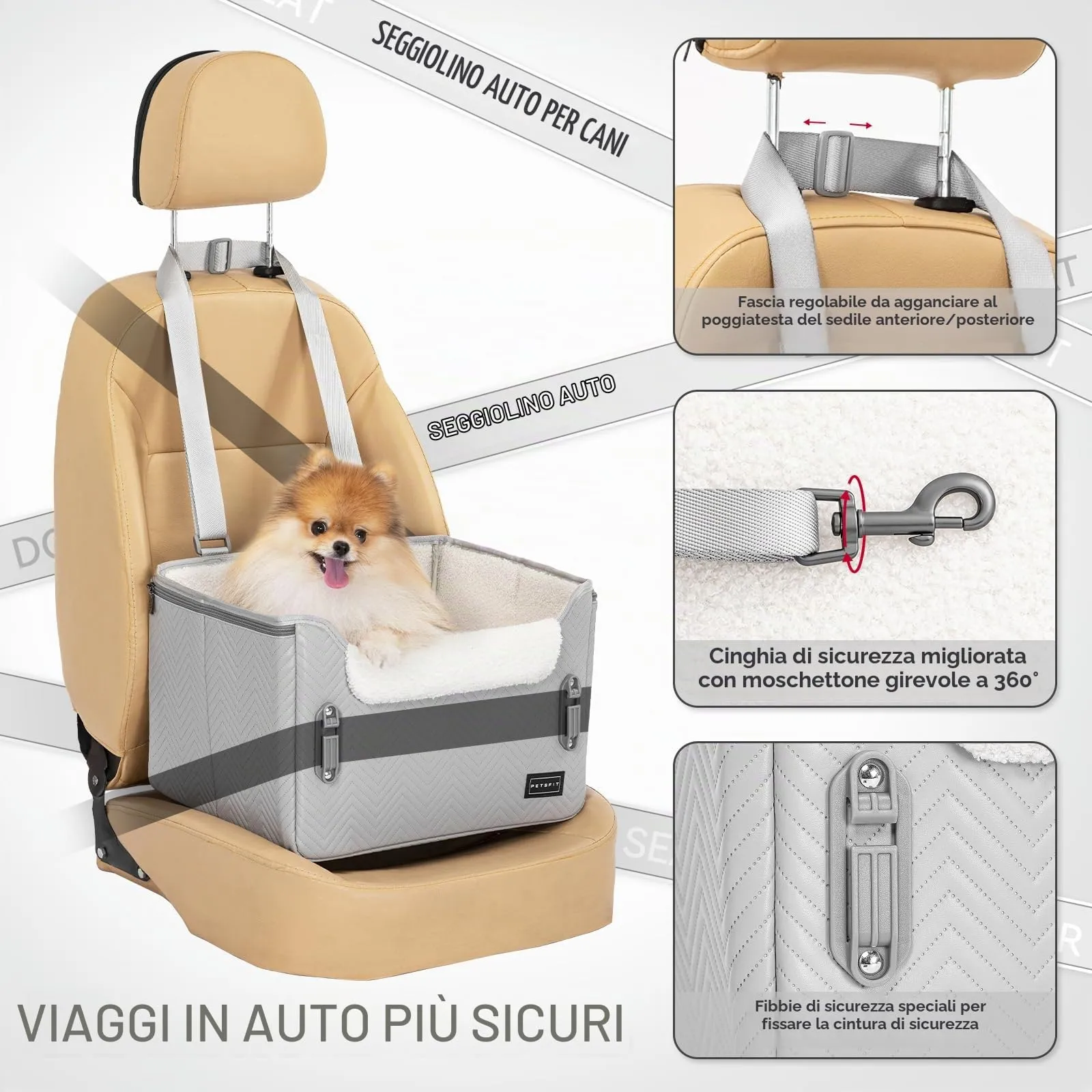 Petsfit Seggiolini auto per cani con fibbie di fissaggio per cintura di sicurezza, impermeabile, in pelle PU, con guinzaglio a clip, per animali domestici di piccola taglia fino a 6kg - immagine 2