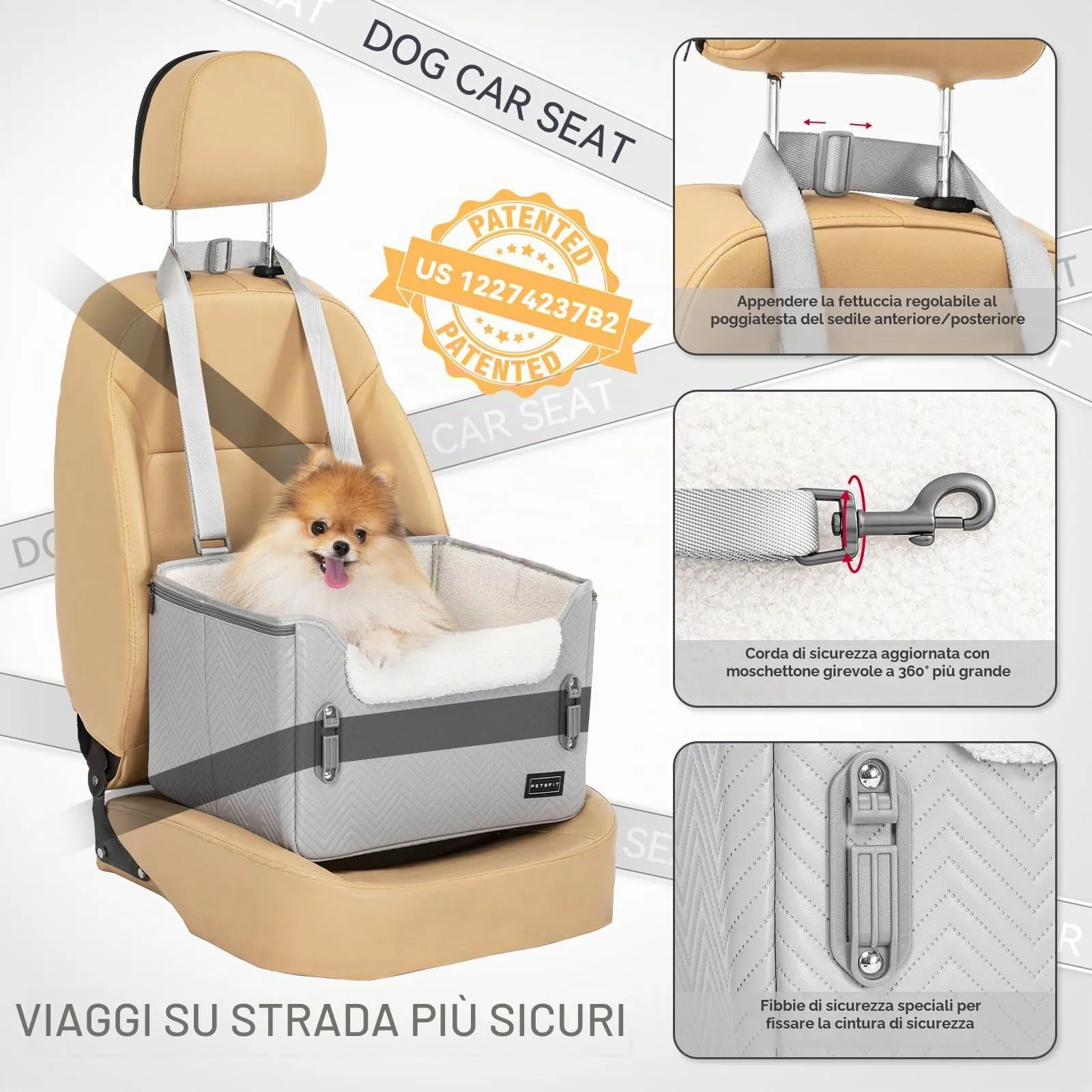 Petsfit Seggiolini auto per cani con fibbie di fissaggio per cintura di sicurezza, impermeabile, in pelle PU, con guinzaglio a clip, per animali domestici di piccola taglia fino a 6kg - immagine 3
