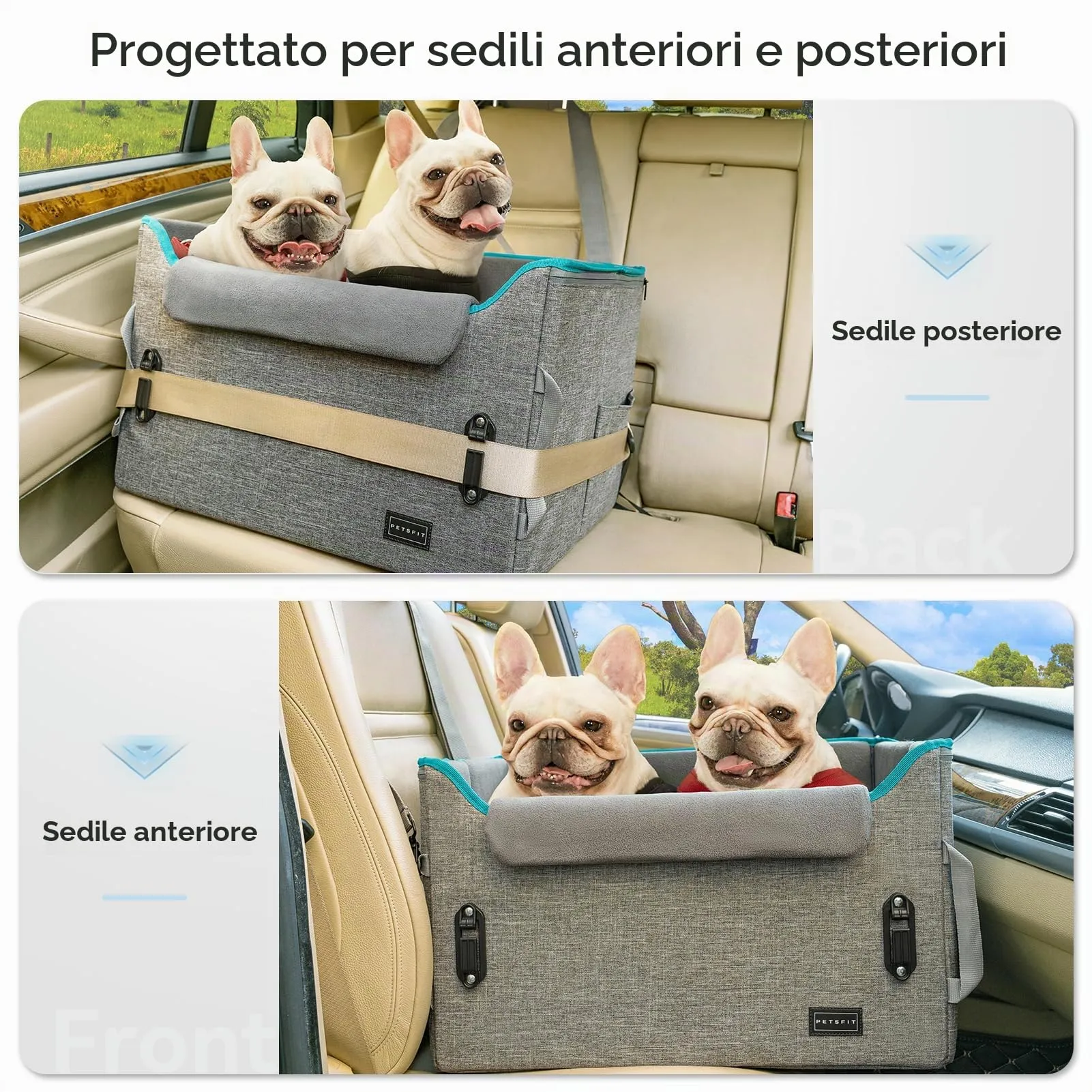 Petsfit Seggiolino Auto per cani piccoli, Trasportino cane Auto posteriore con clip di sicurezza per la cintura e cuscino in peluche - immagine 2