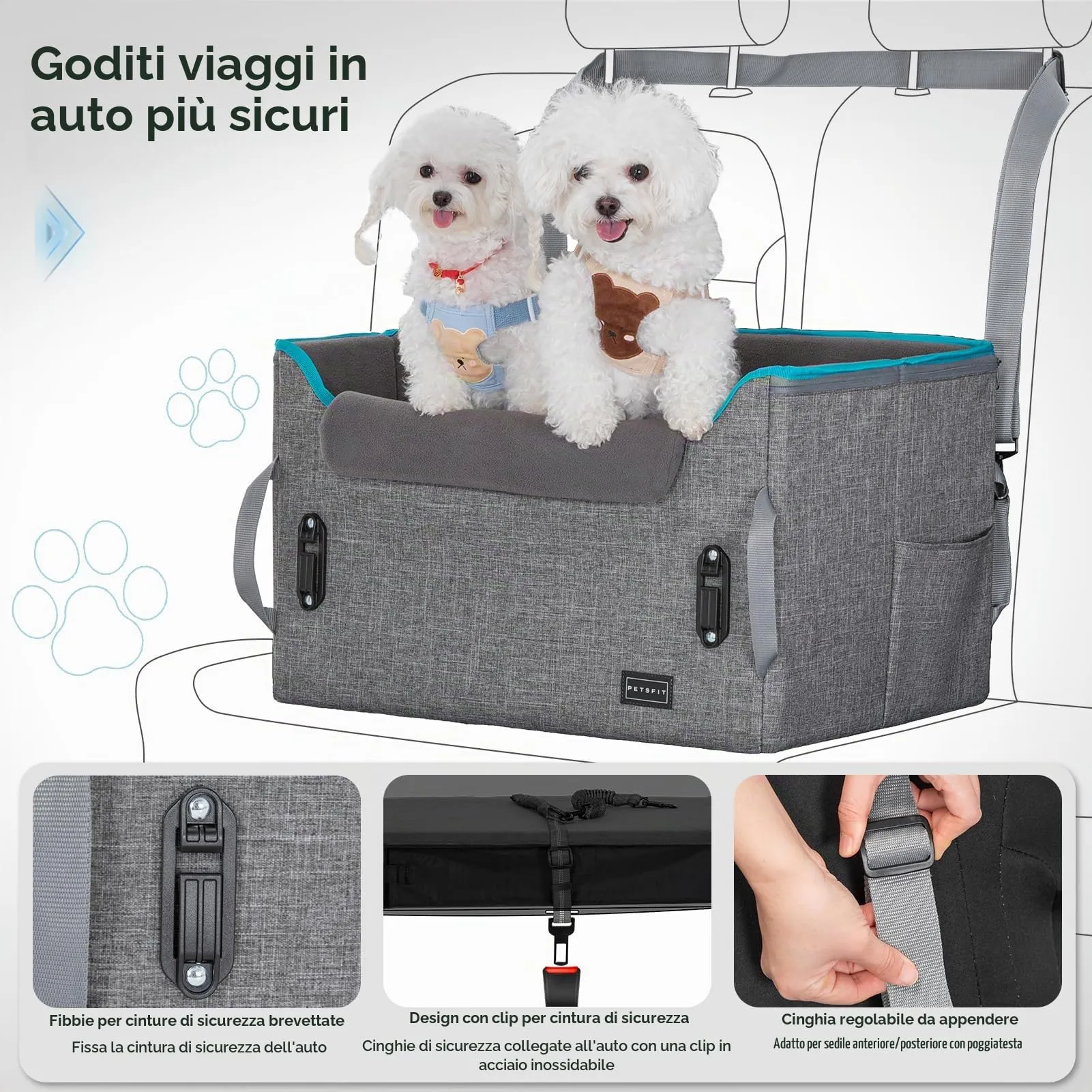 Petsfit Seggiolino Auto per cani piccoli, Trasportino cane Auto posteriore con clip di sicurezza per la cintura e cuscino in peluche - immagine 4