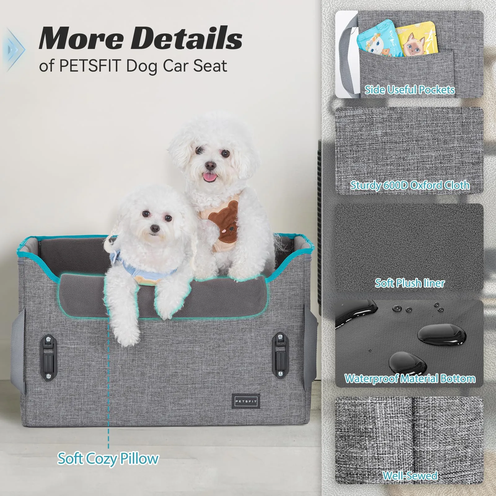 Petsfit Seggiolino Auto per cani piccoli, Trasportino cane Auto posteriore con clip di sicurezza per la cintura e cuscino in peluche - immagine 7