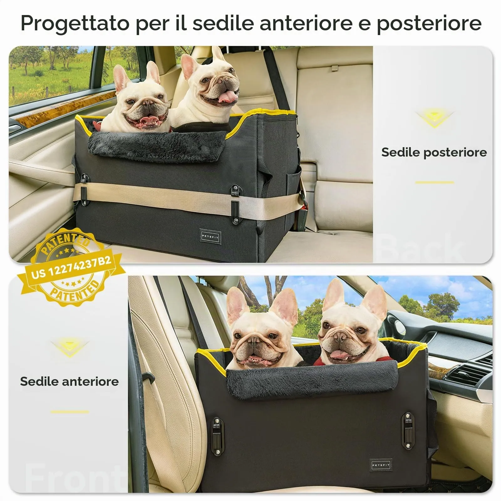 PETSFIT Seggiolino per auto cani media taglia, con fibbie cintura, altezza regolabile, tasche grandi - immagine 2