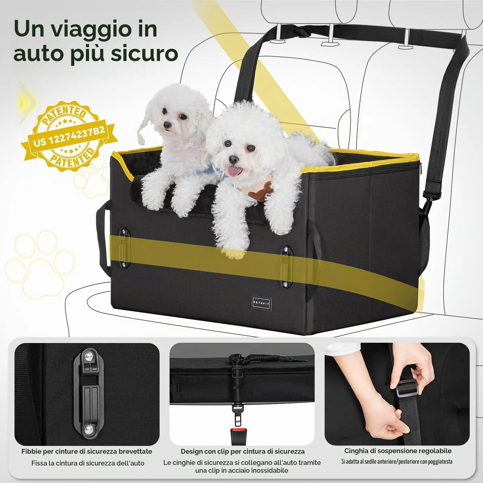 PETSFIT Seggiolino per auto cani media taglia, con fibbie cintura, altezza regolabile, tasche grandi - immagine 5