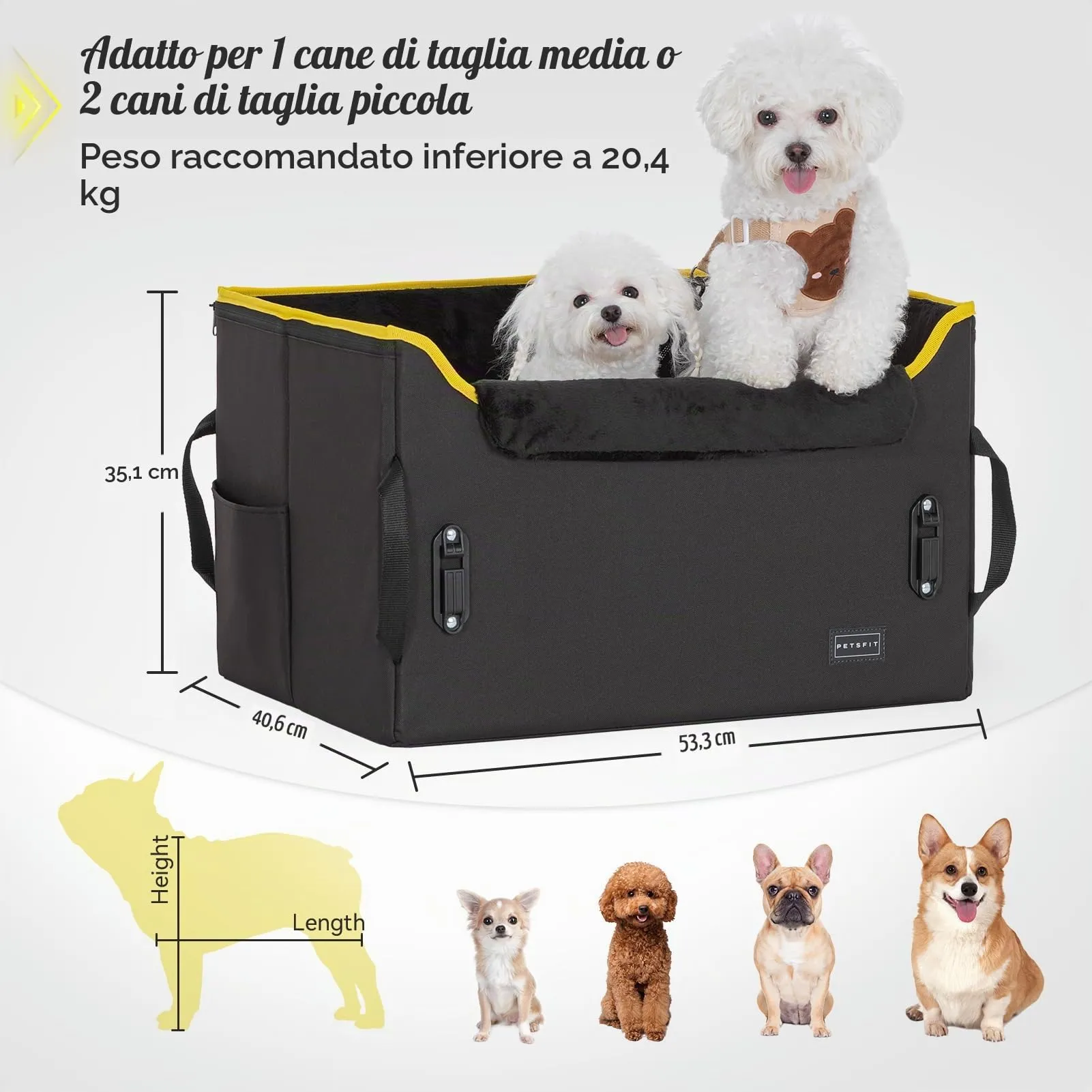 PETSFIT Seggiolino per auto cani media taglia, con fibbie cintura, altezza regolabile, tasche grandi - immagine 6