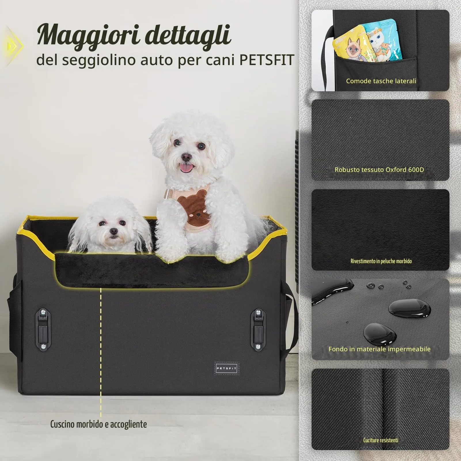 PETSFIT Seggiolino per auto cani media taglia, con fibbie cintura, altezza regolabile, tasche grandi - immagine 7