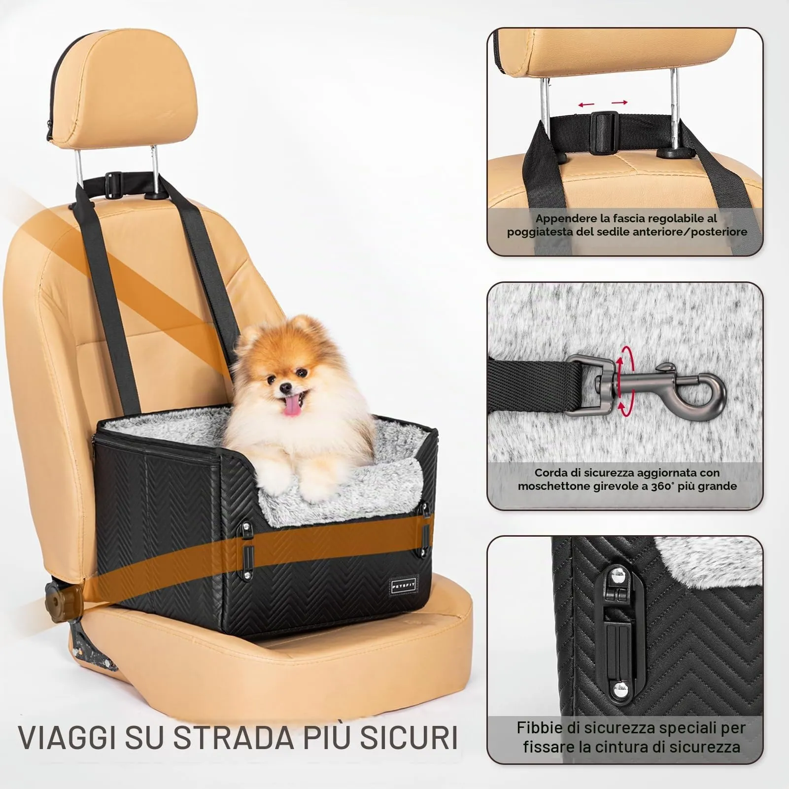 Petsfit Seggiolini auto per cani con fibbie di fissaggio per cintura di sicurezza, impermeabile, in pelle PU, con guinzaglio a clip, per animali domestici di piccola taglia fino a 6kg - immagine 3