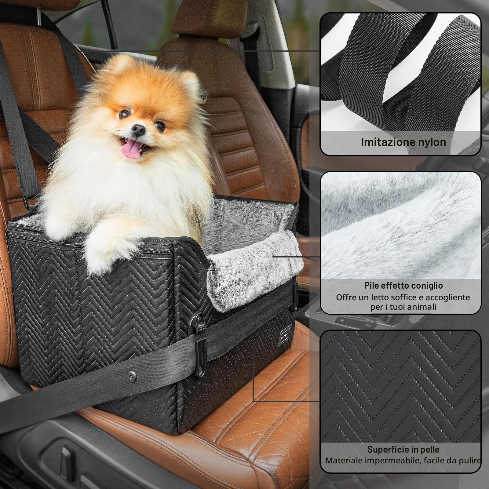 Petsfit Seggiolini auto per cani con fibbie di fissaggio per cintura di sicurezza, impermeabile, in pelle PU, con guinzaglio a clip, per animali domestici di piccola taglia fino a 6kg - immagine 4