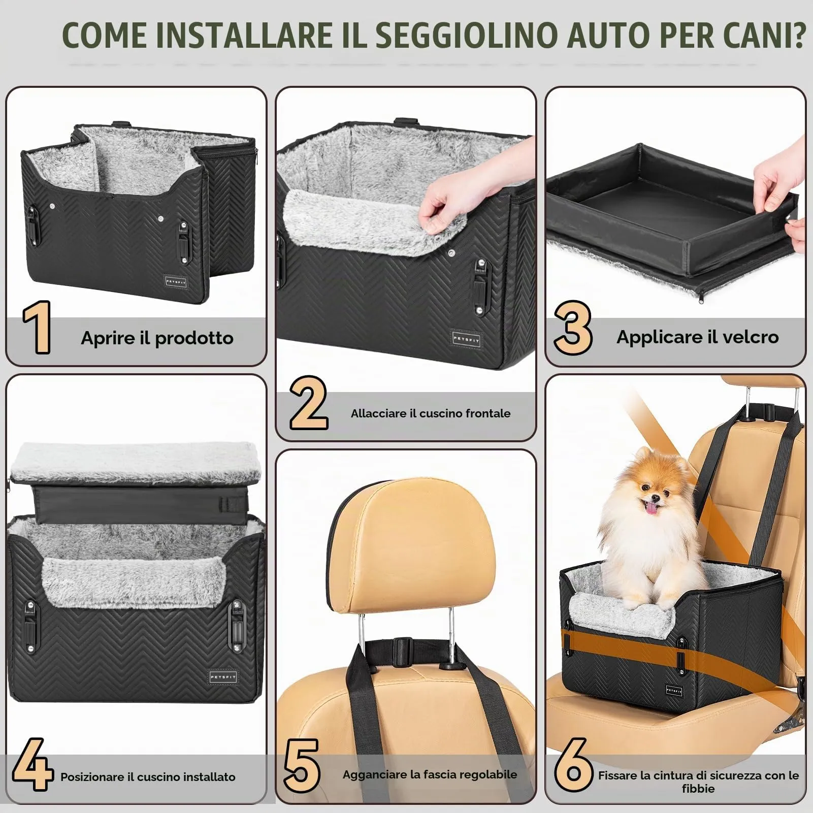 Petsfit Seggiolini auto per cani con fibbie di fissaggio per cintura di sicurezza, impermeabile, in pelle PU, con guinzaglio a clip, per animali domestici di piccola taglia fino a 6kg - immagine 8