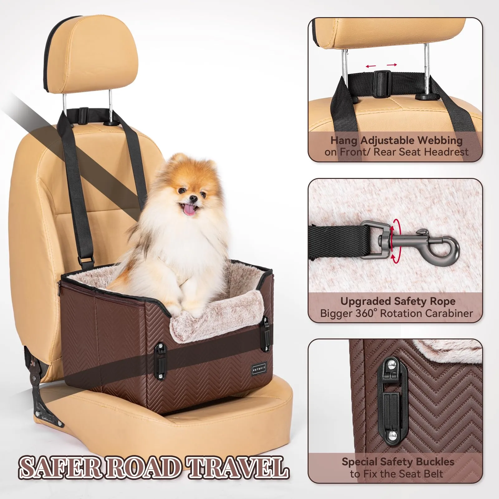 Petsfit Seggiolini auto per cani con fibbie di fissaggio per cintura di sicurezza, impermeabile, in pelle PU, con guinzaglio a clip, per animali domestici di piccola taglia fino a 6kg - immagine 2