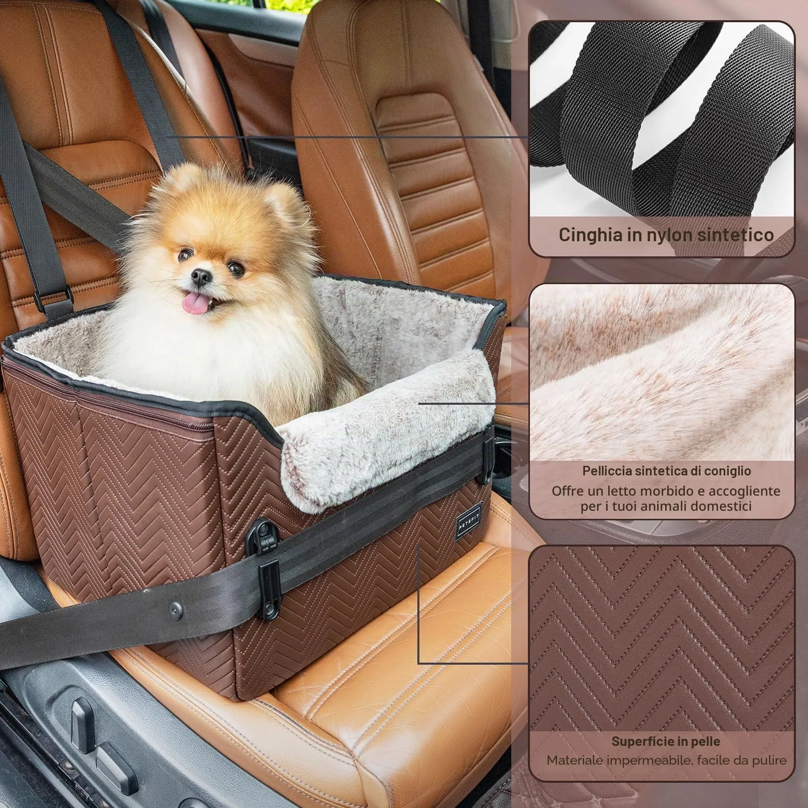 Petsfit Seggiolini auto per cani con fibbie di fissaggio per cintura di sicurezza, impermeabile, in pelle PU, con guinzaglio a clip, per animali domestici di piccola taglia fino a 6kg - immagine 3