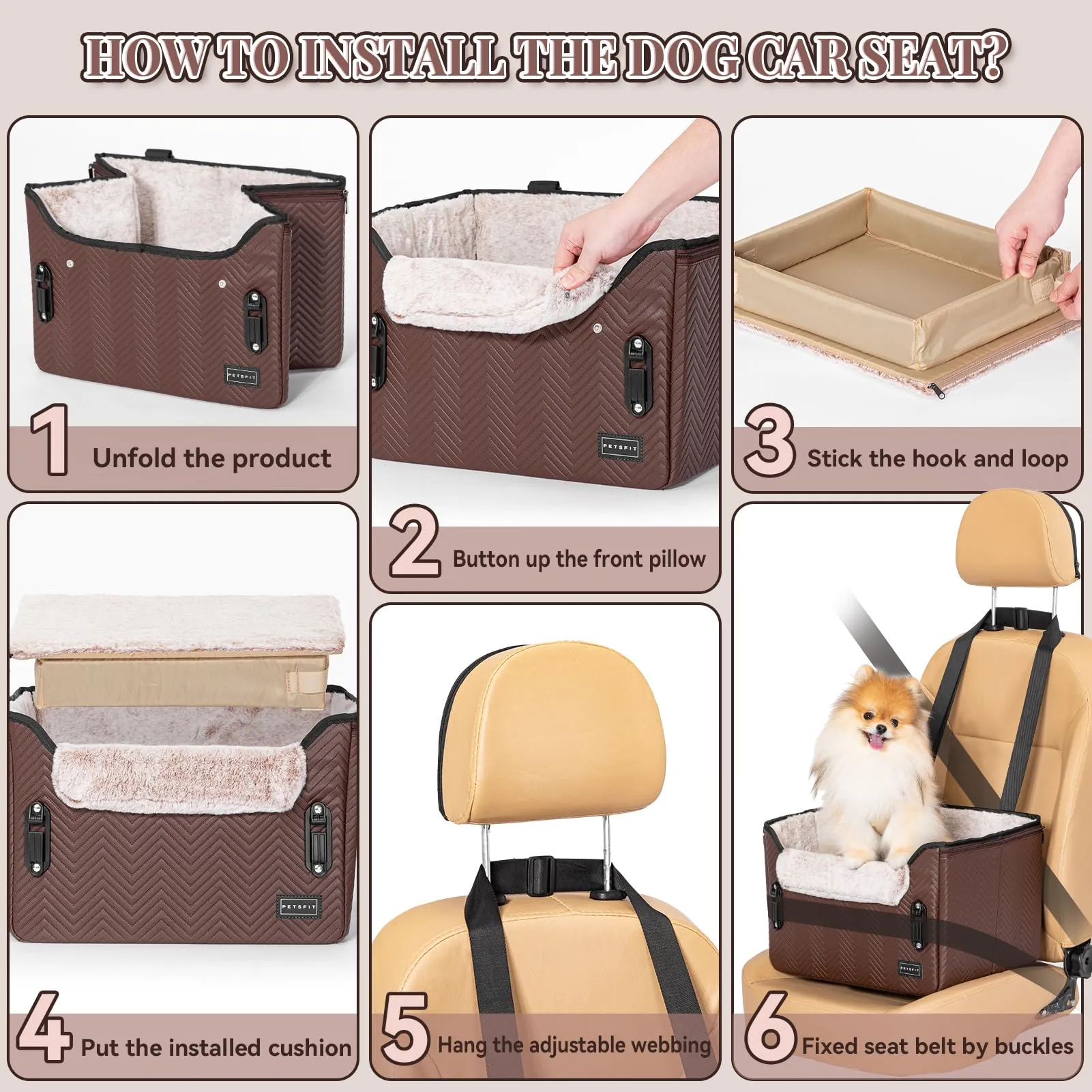 Petsfit Seggiolini auto per cani con fibbie di fissaggio per cintura di sicurezza, impermeabile, in pelle PU, con guinzaglio a clip, per animali domestici di piccola taglia fino a 6kg - immagine 8