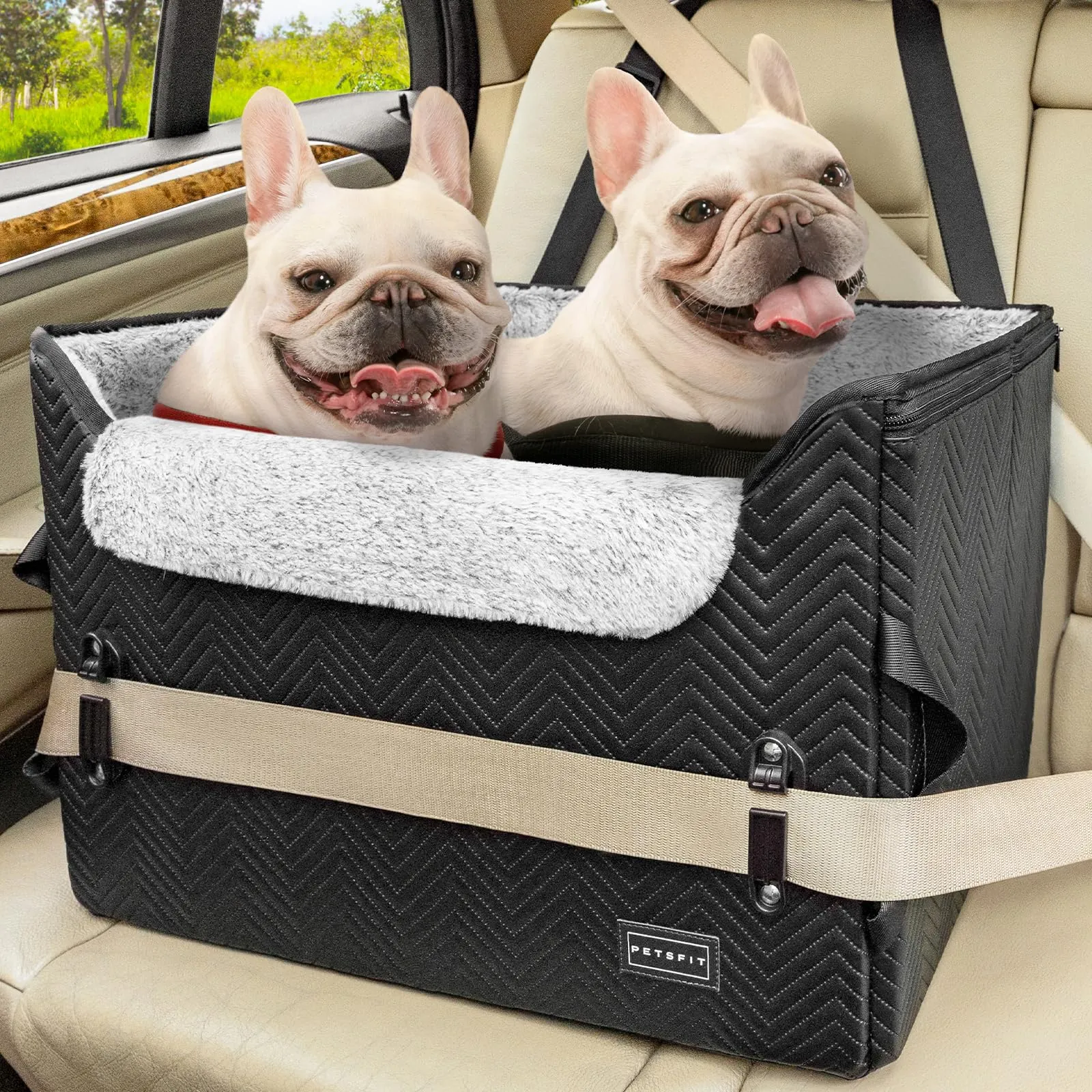 Petsfit Seggiolini auto per cani con fibbie di fissaggio per cintura di sicurezza, impermeabile, in pelle PU, con guinzaglio a clip, per animali domestici di piccola taglia fino a 12kg - immagine 1