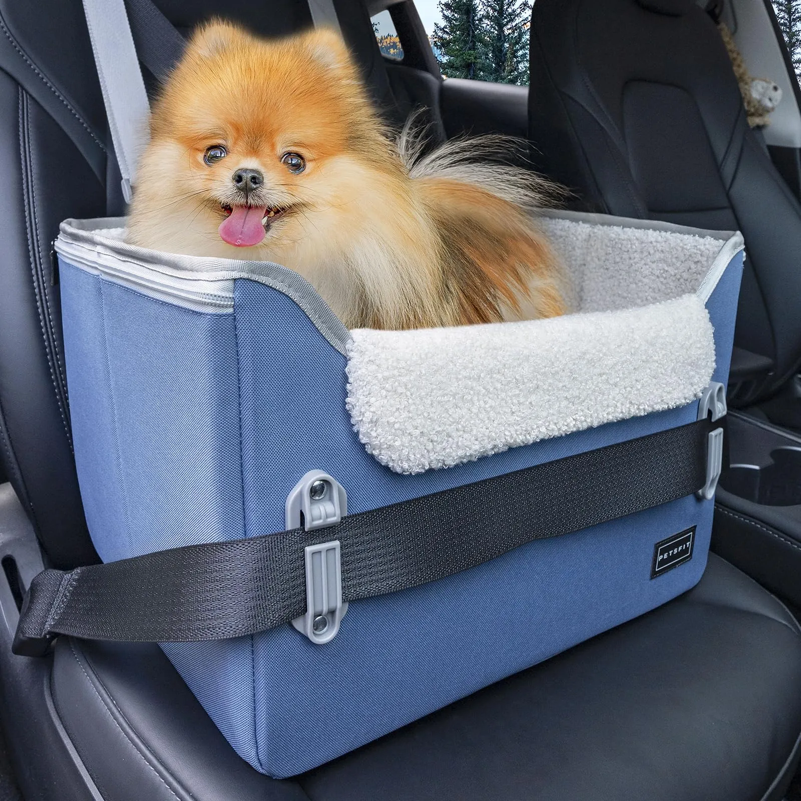 PETSFIT Seggiolino auto per cani di taglia media, con 2 guinzagli di sicurezza a clip, fibbie brevettate, seggiolino per cani per animali domestici (blu Nevy, S) - immagine 1