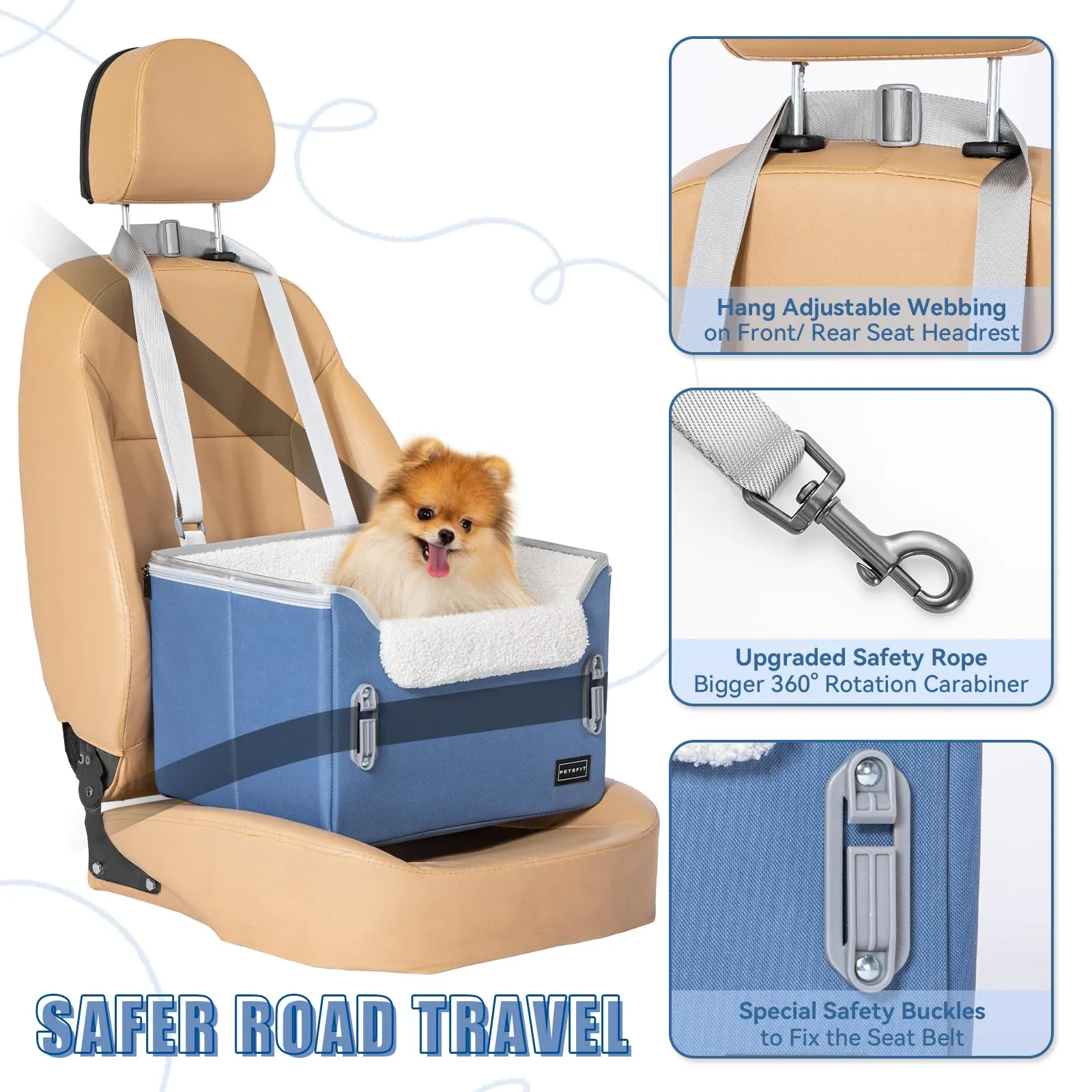 PETSFIT Seggiolino auto per cani di taglia media, con 2 guinzagli di sicurezza a clip, fibbie brevettate, seggiolino per cani per animali domestici (blu Nevy, S) - immagine 2