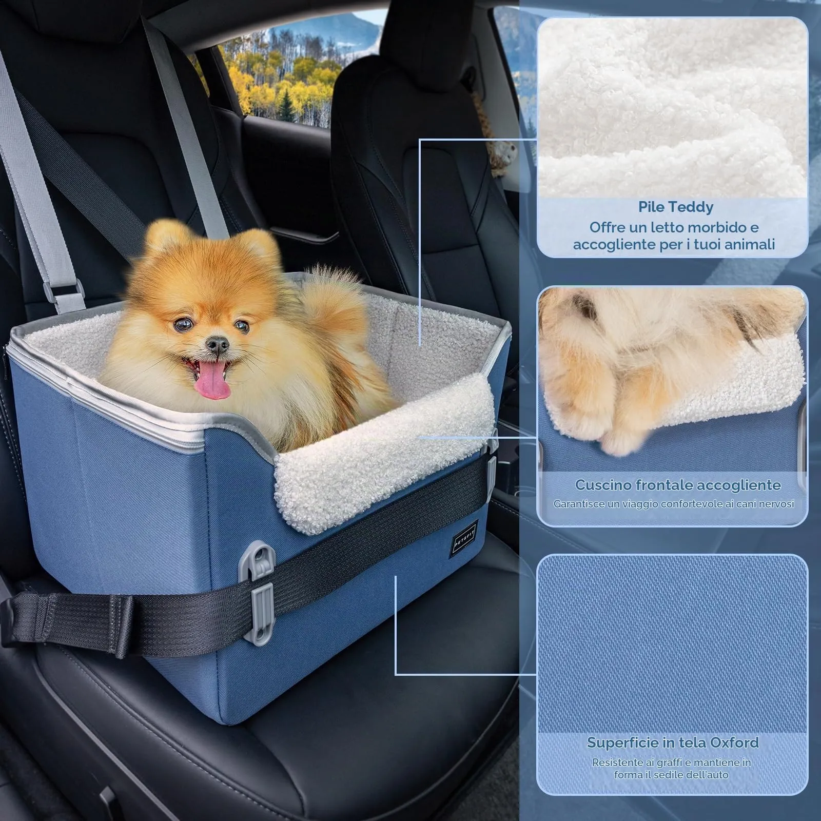 PETSFIT Seggiolino auto per cani di taglia media, con 2 guinzagli di sicurezza a clip, fibbie brevettate, seggiolino per cani per animali domestici (blu Nevy, S) - immagine 3