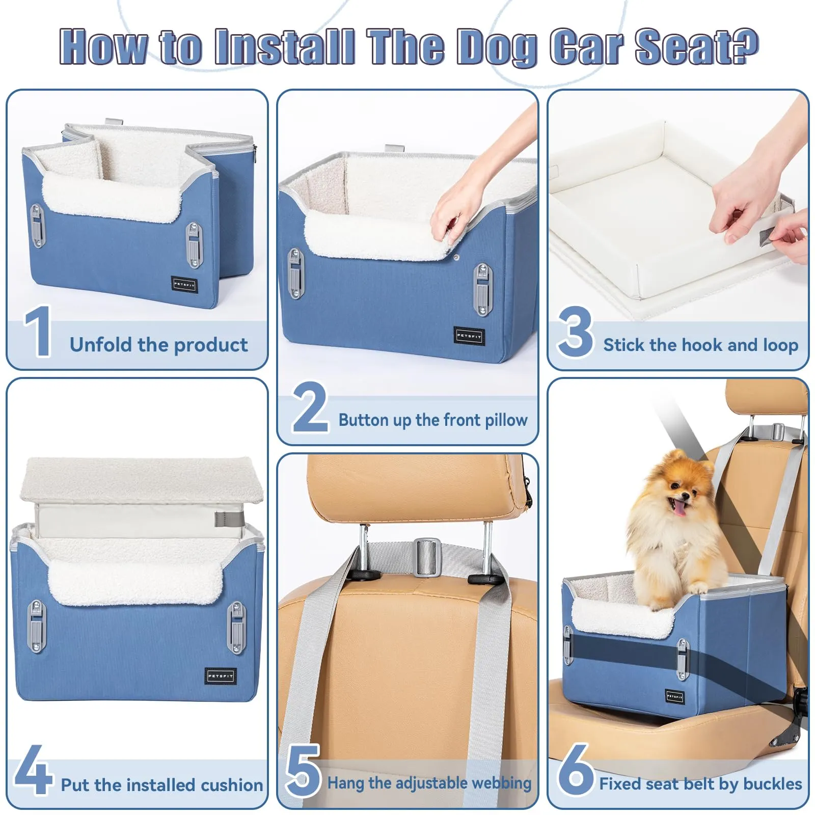 PETSFIT Seggiolino auto per cani di taglia media, con 2 guinzagli di sicurezza a clip, fibbie brevettate, seggiolino per cani per animali domestici (blu Nevy, S) - immagine 8