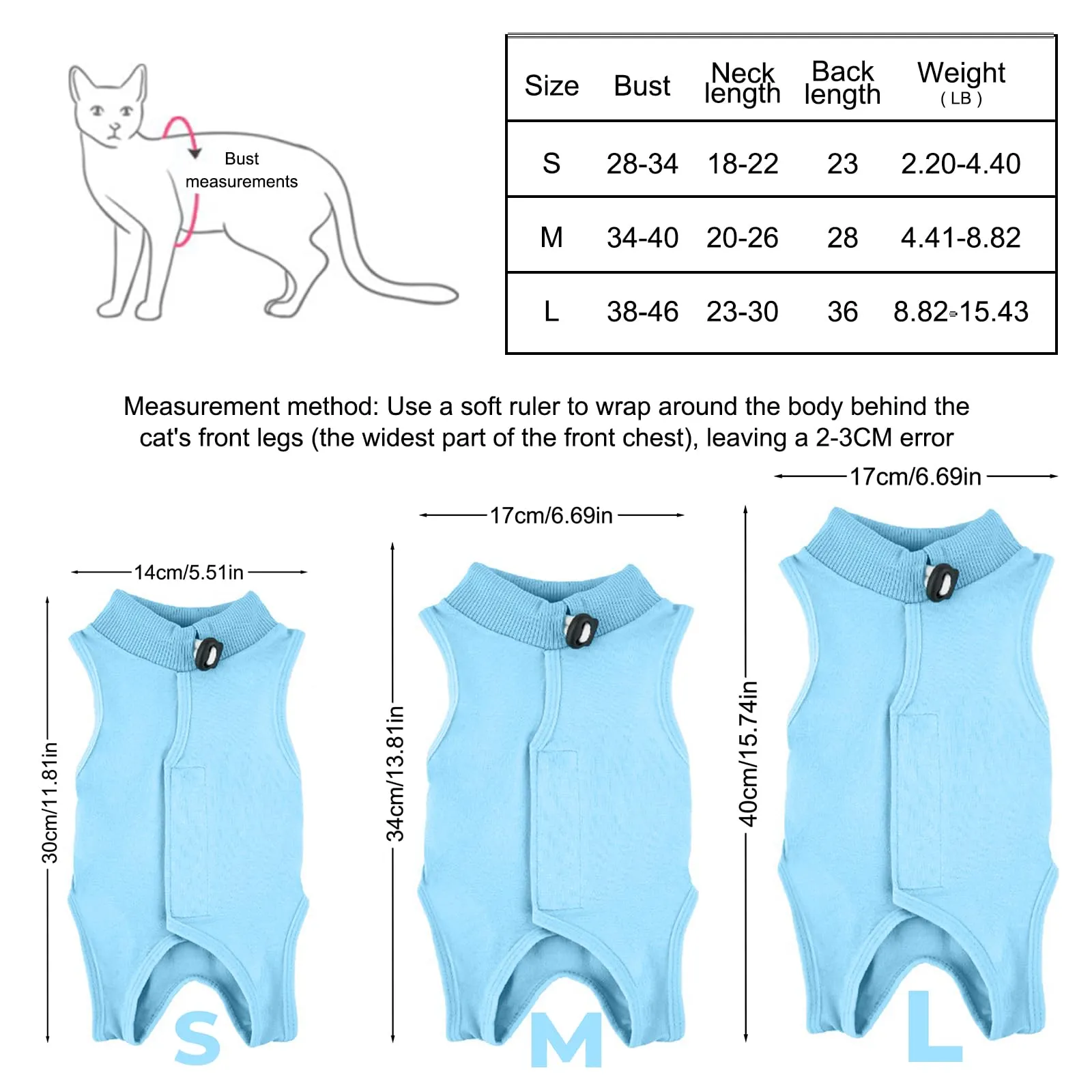 Amexo Tuta da Recupero per Gatti Tutina Post Operatoria per Cani Gatti Colletto Alternativo Anti-Leccato per Gattini Tutina Professionale per Ferite Addominali o Malattie per Animale (Blu, M) - immagine 7