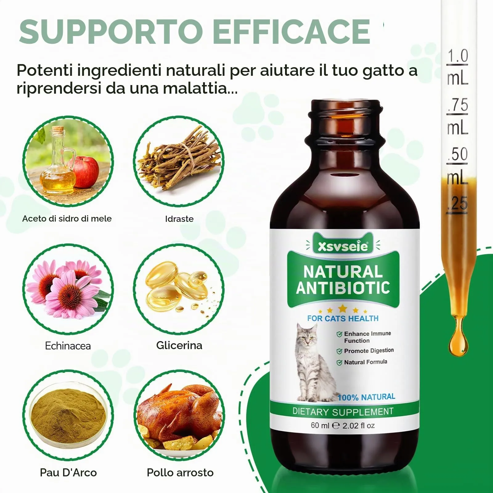 Antibiotici per gatti, Antibiotici naturali per gatti, Antibiotics for Cats, Cat Antibiotics, Supporto Alle Difese Immunitarie E Alle Allergie Dei Gatti,60ML - immagine 2