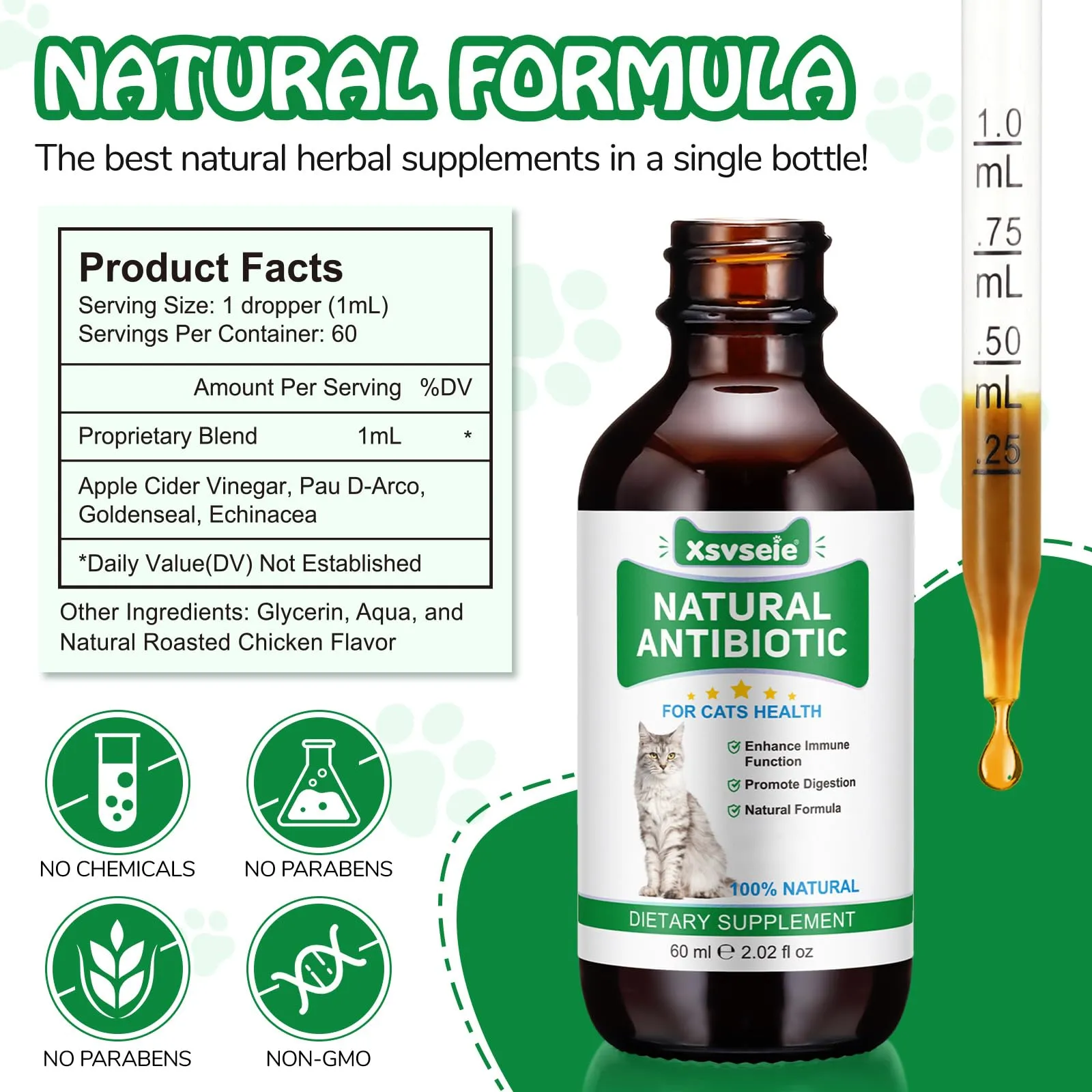Antibiotici per gatti, Antibiotici naturali per gatti, Antibiotics for Cats, Cat Antibiotics, Supporto Alle Difese Immunitarie E Alle Allergie Dei Gatti,60ML - immagine 6