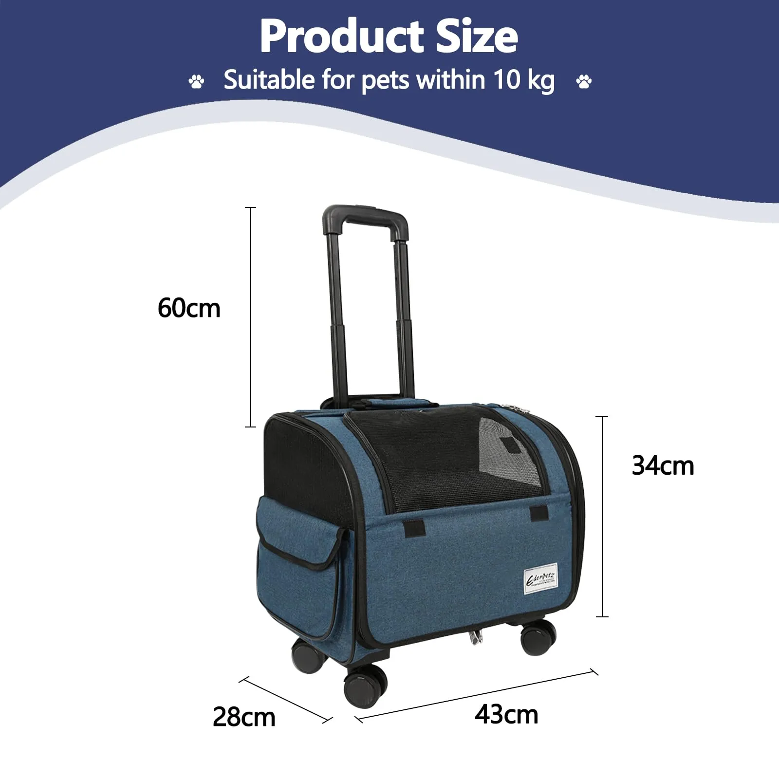 Galatée Borsa Da Viaggio Per Cani Con Ruote Removibili, Trasportino Per Animali Approvato Dalle Compagnie Aeree, Borsa Pieghevole Per Gatti Con Rete Traspirante, Passeggino Per Animali(Blu) - immagine 6