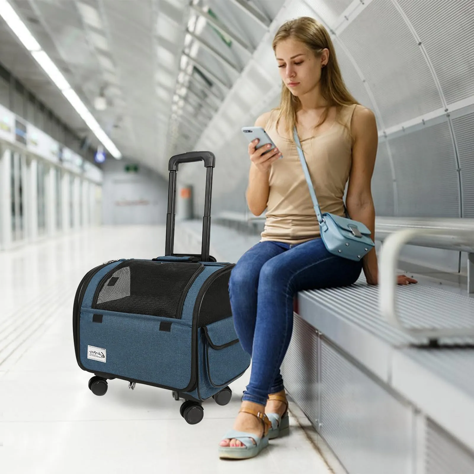Galatée Borsa Da Viaggio Per Cani Con Ruote Removibili, Trasportino Per Animali Approvato Dalle Compagnie Aeree, Borsa Pieghevole Per Gatti Con Rete Traspirante, Passeggino Per Animali(Blu) - immagine 7