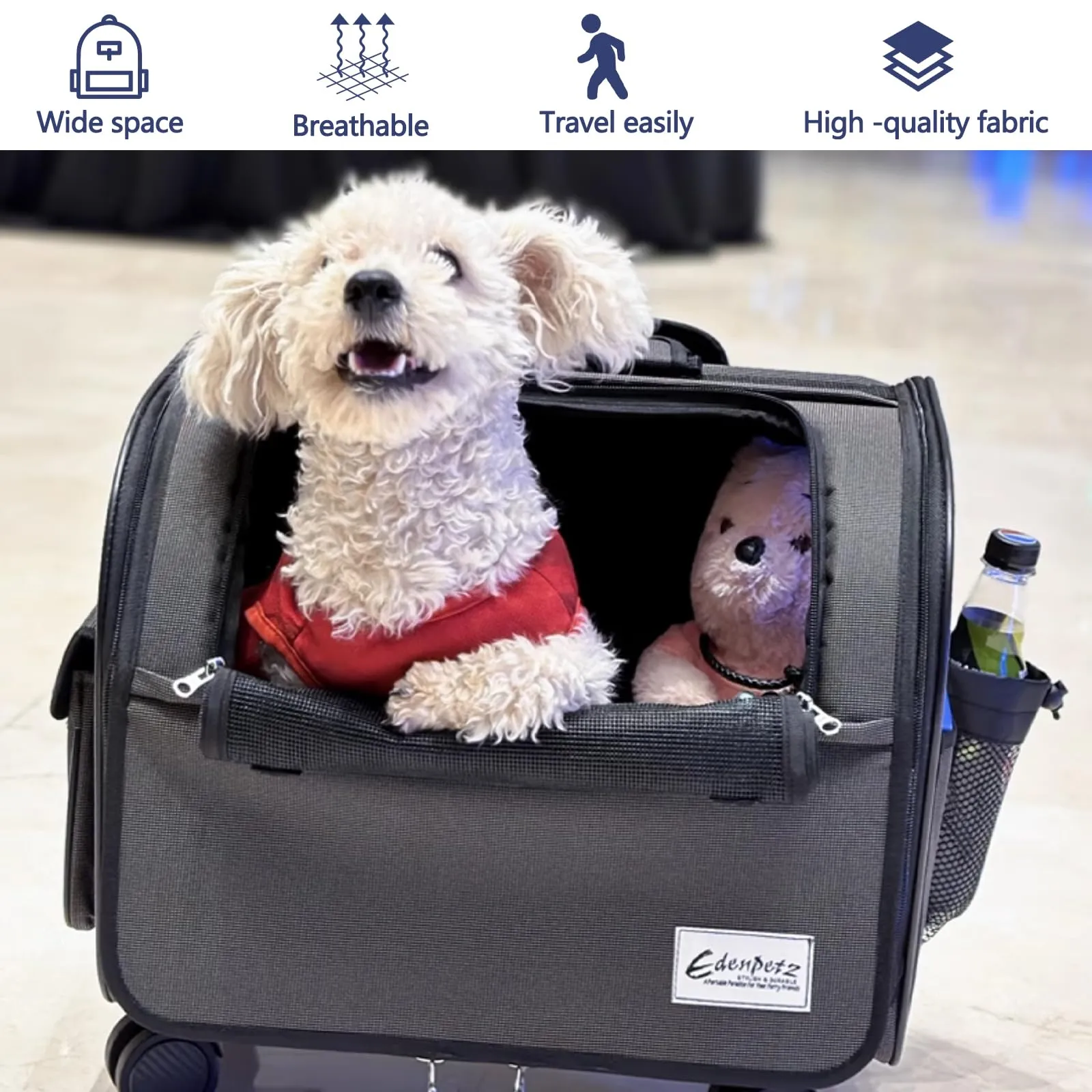 Galatée Borsa Da Viaggio Per Cani Con Ruote Removibili, Trasportino Per Animali Approvato Dalle Compagnie Aeree, Borsa Pieghevole Per Gatti Con Rete Traspirante, Passeggino Per Animali(Grigio) - immagine 2