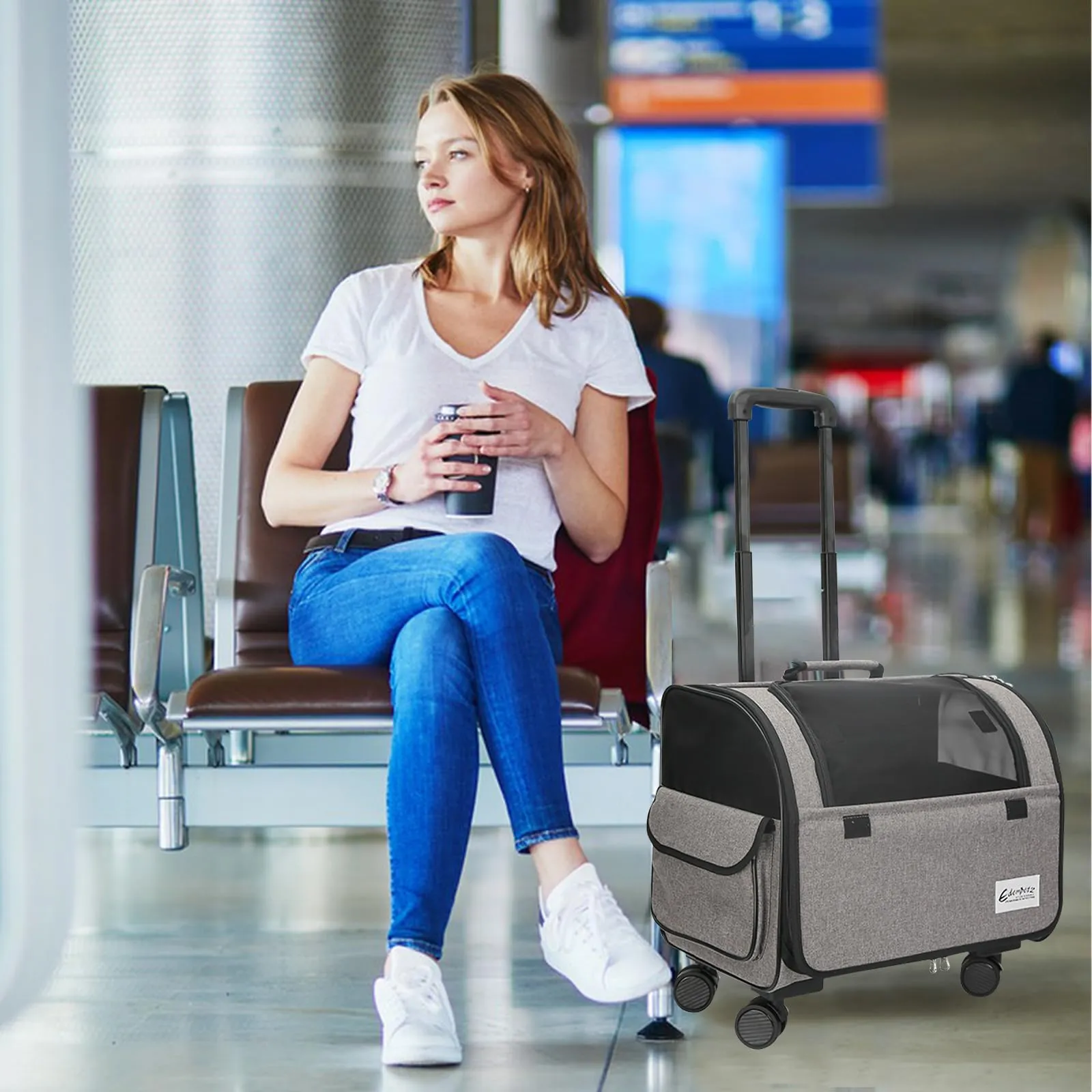 Galatée Borsa Da Viaggio Per Cani Con Ruote Removibili, Trasportino Per Animali Approvato Dalle Compagnie Aeree, Borsa Pieghevole Per Gatti Con Rete Traspirante, Passeggino Per Animali(Grigio) - immagine 7