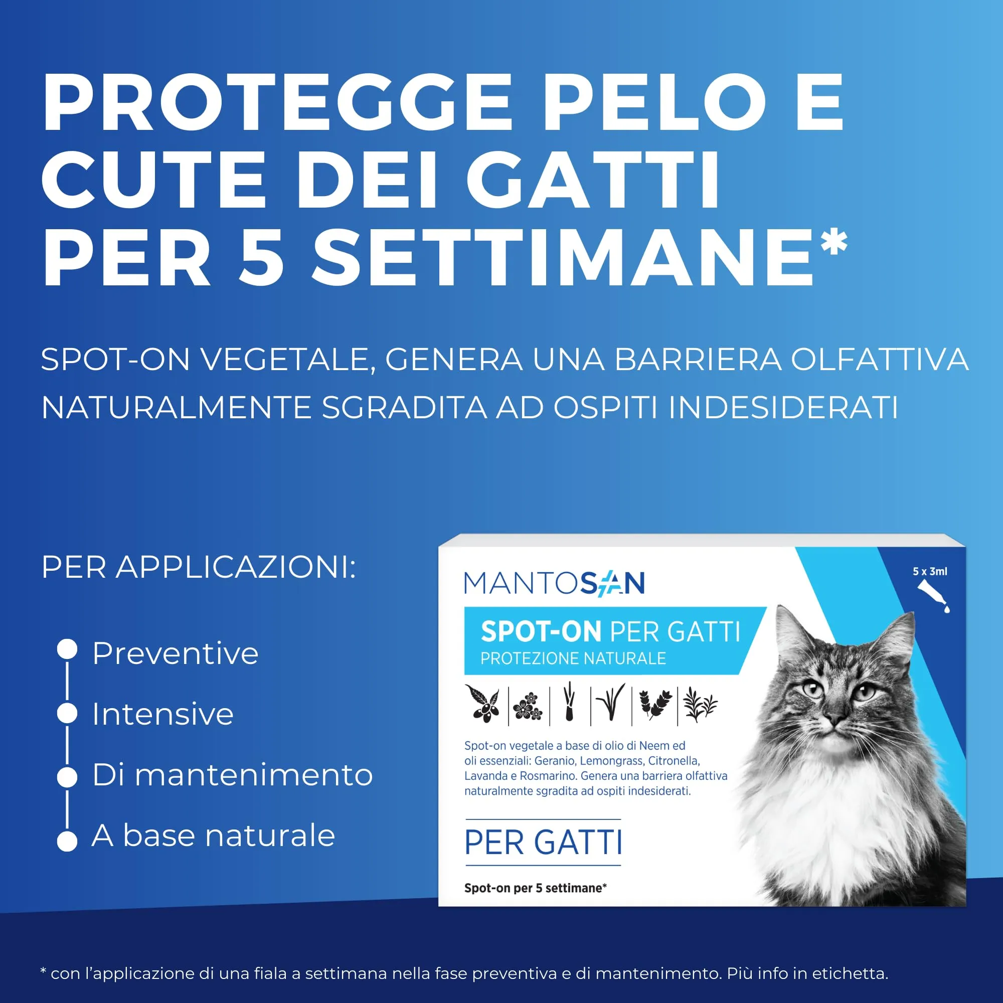 Mantosan Spot-On Vegetale per Gatti 5 Pipette da 3ml Protezione Naturale con Olio di Neem Ozonizzato e Oli essenziali di Geranio, Citronella, Lemongrass, Lavanda e Rosmarino - Nuova Formula - immagine 2