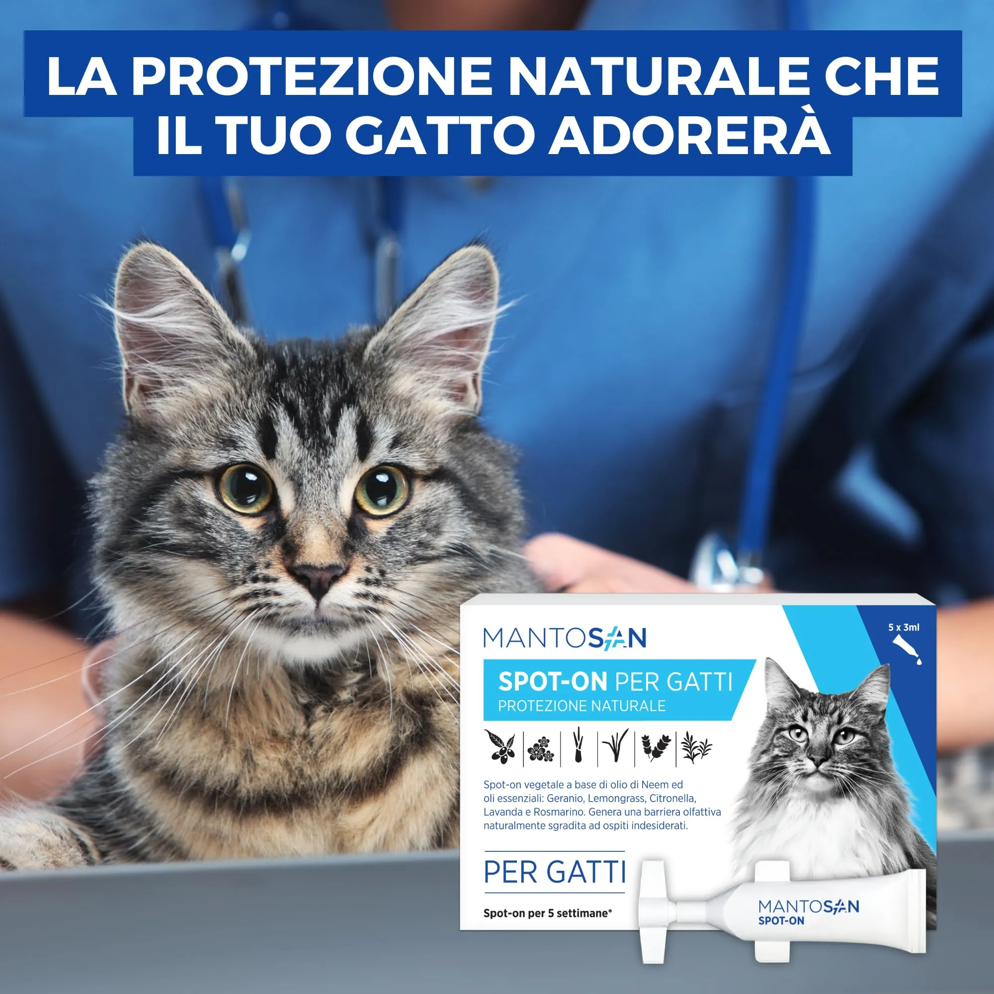 Mantosan Spot-On Vegetale per Gatti 5 Pipette da 3ml Protezione Naturale con Olio di Neem Ozonizzato e Oli essenziali di Geranio, Citronella, Lemongrass, Lavanda e Rosmarino - Nuova Formula - immagine 6