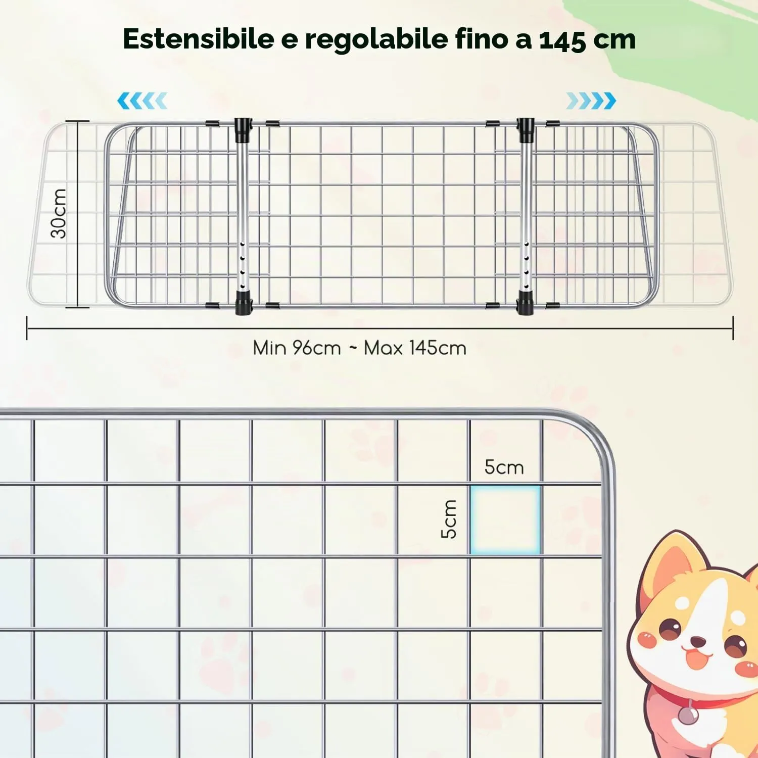 Nobleza Divisorio Auto per Cani, Griglia Separatrice Bagagliaio Universale ed Estensibile, Barriera di Sicurezza per Animali e Bagagli, Fissaggio Poggiatesta, 96-145x30cm, Acciaio, Argento - immagine 2