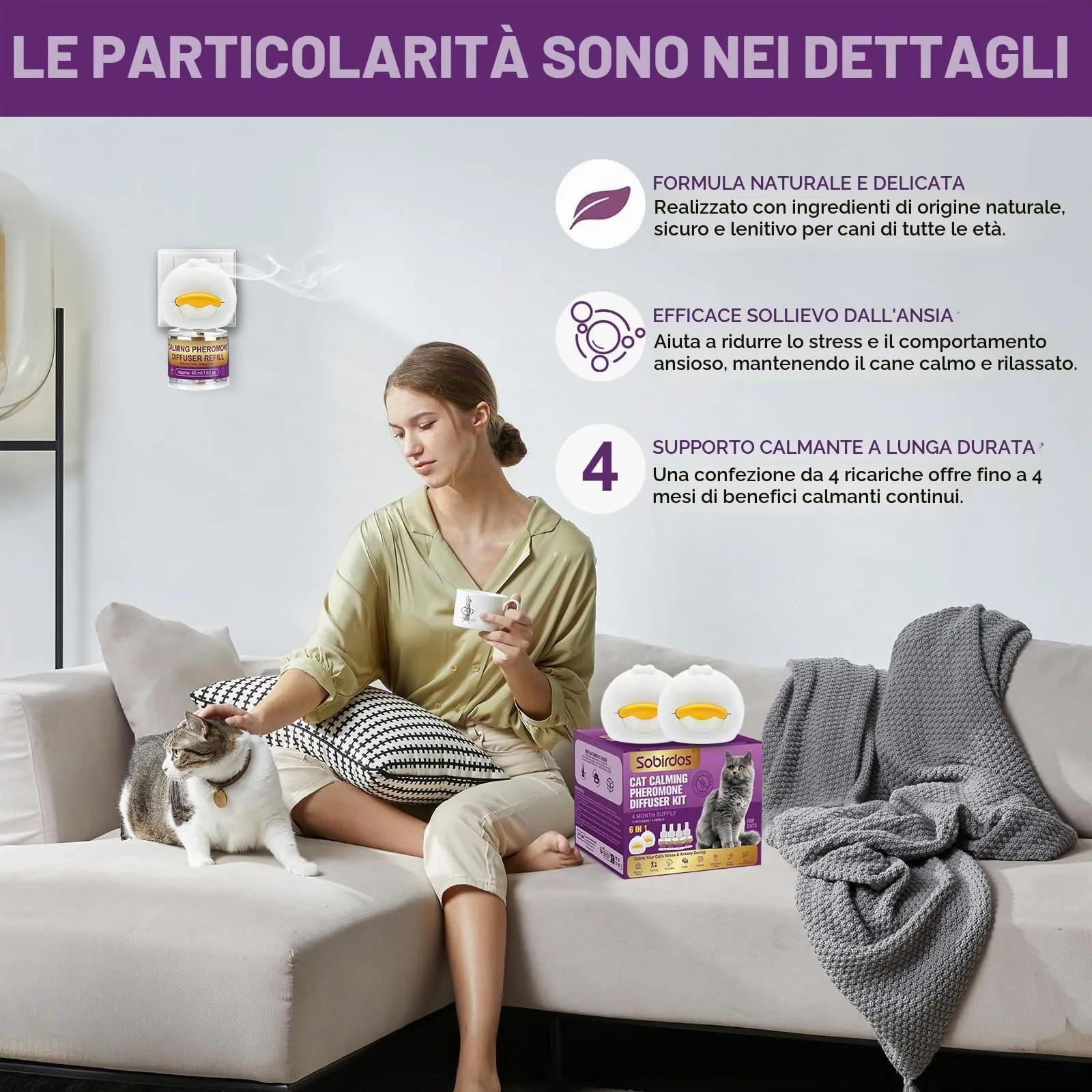 Sobirdos Kit Diffusore di Feromoni Calmanti per Gatti – 2 Diffusori + 4 Ricariche, Riduce l'Ansia e l'Urminazione Inappropriata, Ideale per Traslochi, Temporali e Nuovi Ambienti, Viola - immagine 2