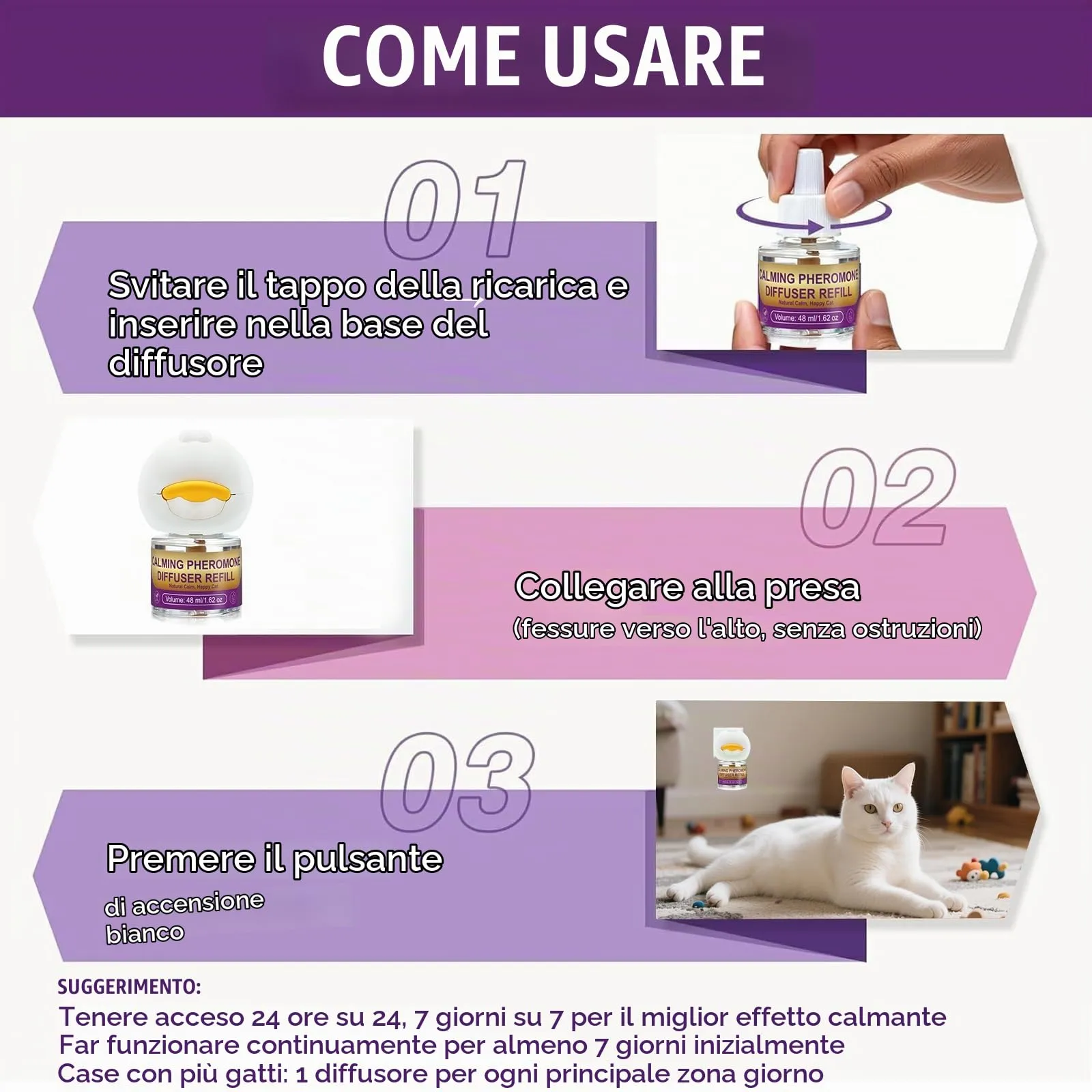 Sobirdos Kit Diffusore di Feromoni Calmanti per Gatti – 2 Diffusori + 4 Ricariche, Riduce l'Ansia e l'Urminazione Inappropriata, Ideale per Traslochi, Temporali e Nuovi Ambienti, Viola - immagine 6