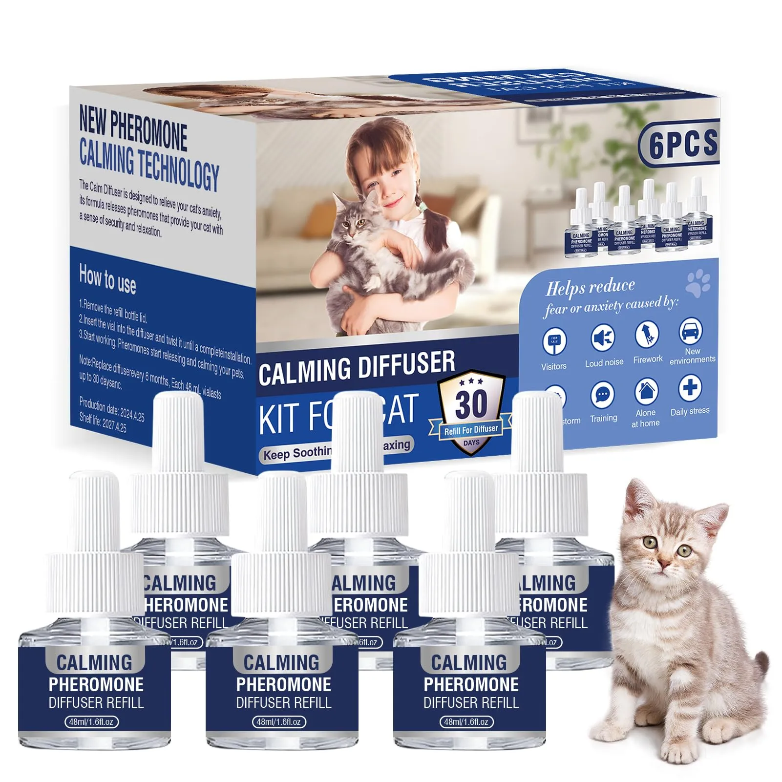 Feromoni Gatto Per Gatti Diffusore Tranquillante Di Calmante Antistress Repellente Per Gatti Irrequieti Feromoni Felini Feromoni Rilassanti E Tranquillanti Rilassanti 6x Ricariche Da 48 Ml Insapore - immagine 1