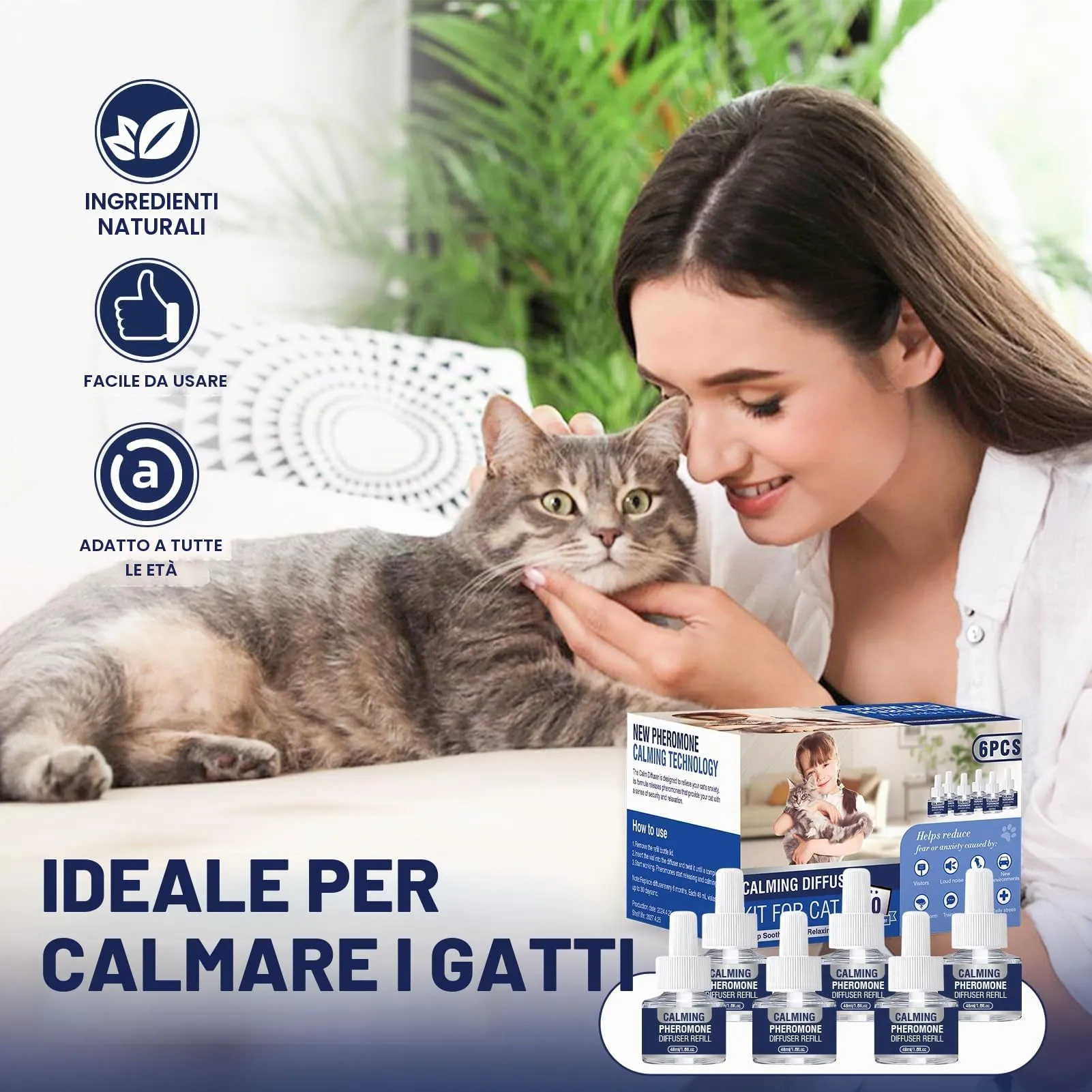 Feromoni Gatto Per Gatti Diffusore Tranquillante Di Calmante Antistress Repellente Per Gatti Irrequieti Feromoni Felini Feromoni Rilassanti E Tranquillanti Rilassanti 6x Ricariche Da 48 Ml Insapore - immagine 5