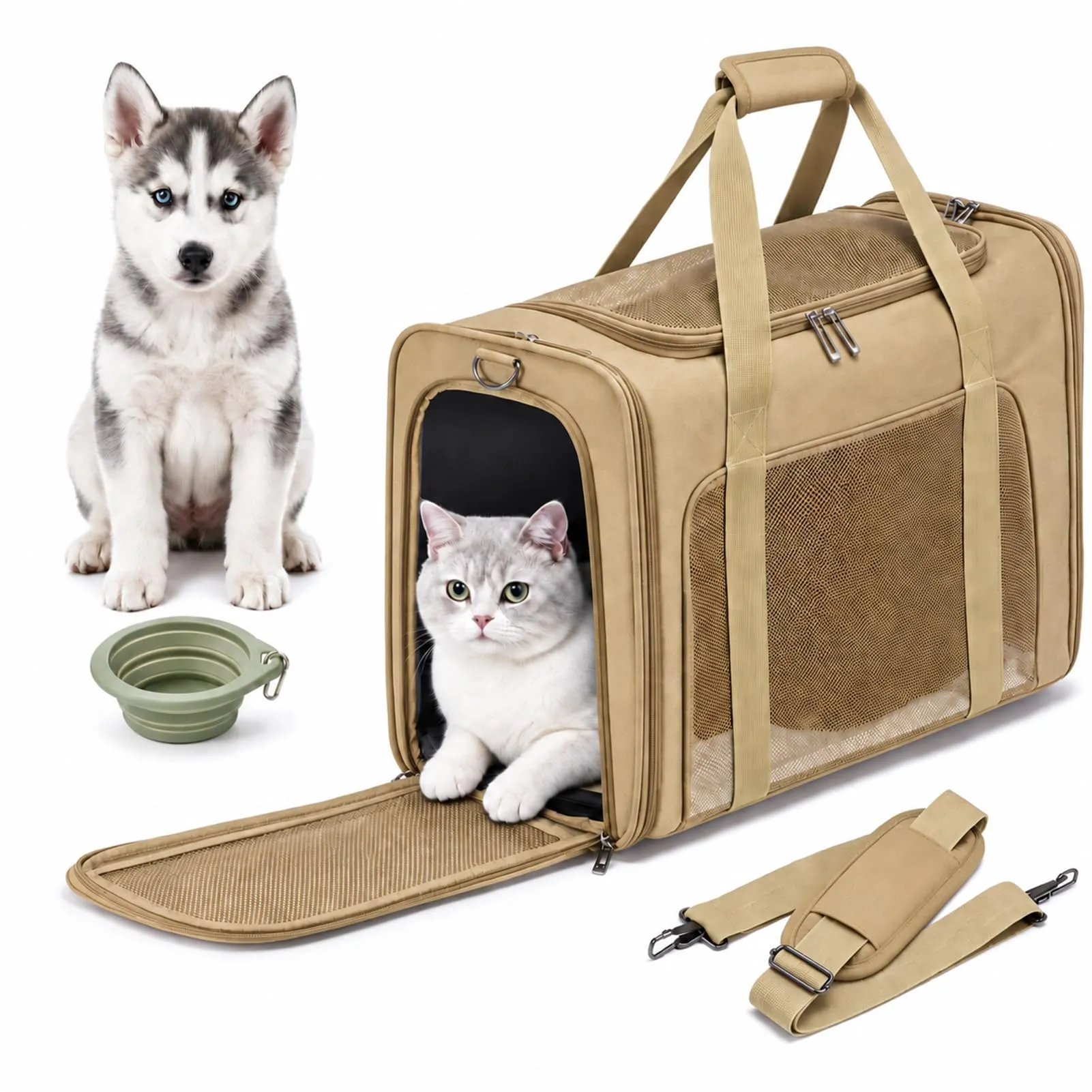 Eurowings Lufthansa - Borsa da trasporto pieghevole per cani in aereo, 55 x 40 x 23 cm, con ciotola da viaggio pieghevole per cani e gatti fino a 12 kg (cachi) - immagine 1
