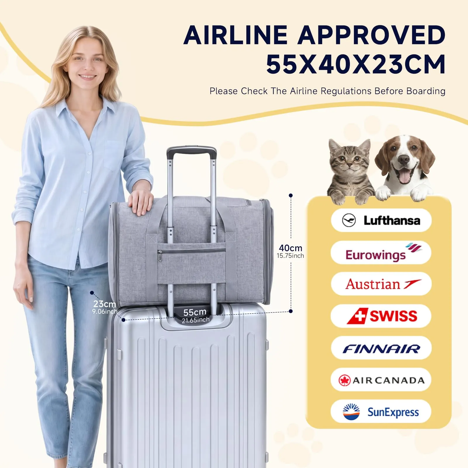 Eurowings Lufthansa - Borsa da trasporto pieghevole per cani in aereo, 55 x 40 x 23 cm, con ciotola da viaggio pieghevole per cani e gatti fino a 12 kg (cachi) - immagine 2