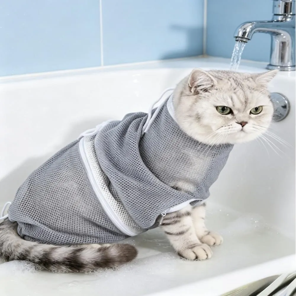 Changyeah Borsa da bagno per gatti, sacchetto da bagno lavabile per gatti in rete per borsa da bagno, borsa da doccia per gatti in rete resistente per gatti piccoli e di taglia media, taglia unghie - immagine 3