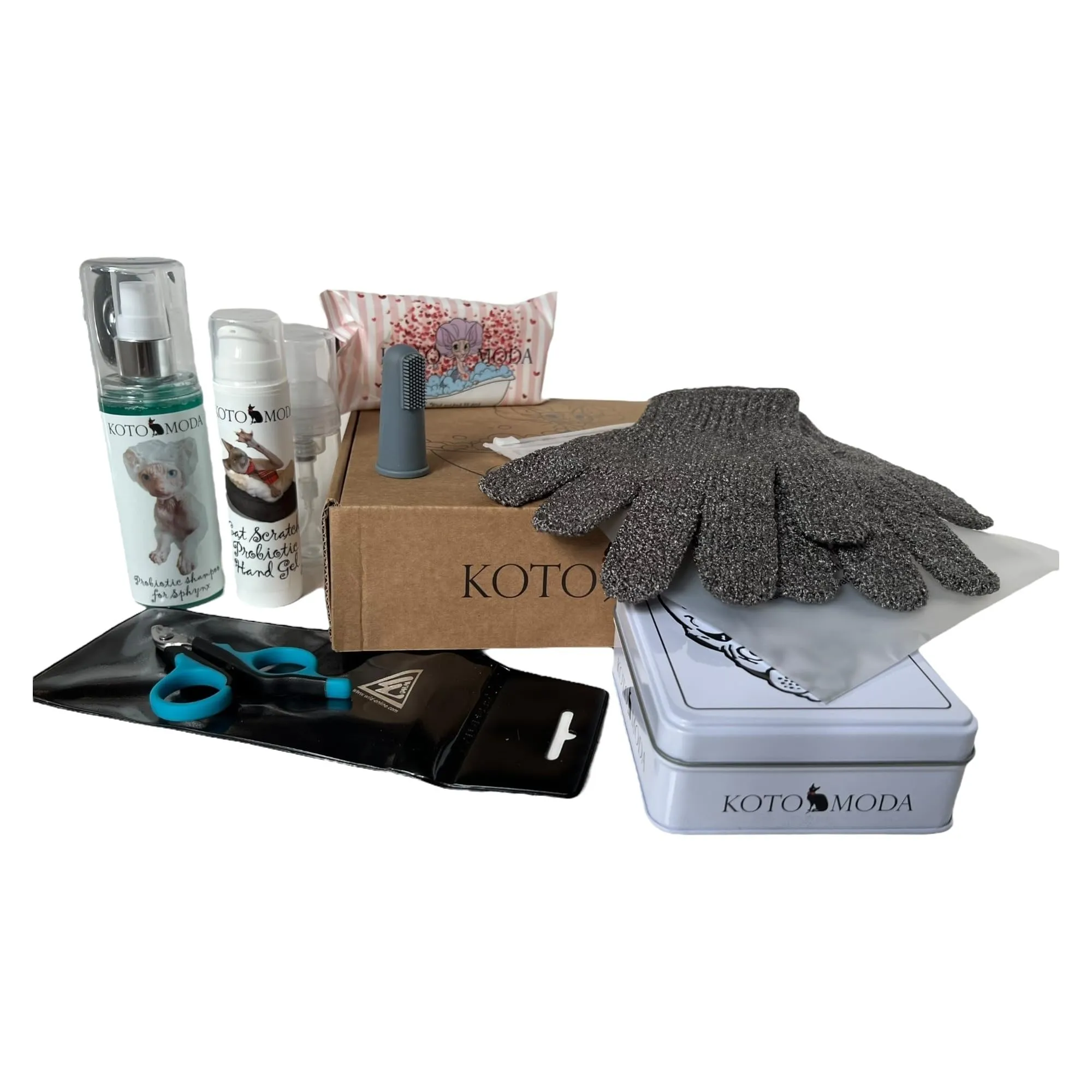 Kit definitivo per i proprietari di gattini Sphynx: Set completo per il vostro animale domestico (shampoo, salviette umidificate, guanti da bagno, tagliaunghie, cuffie da doccia, spazzola per le dita) - immagine 1