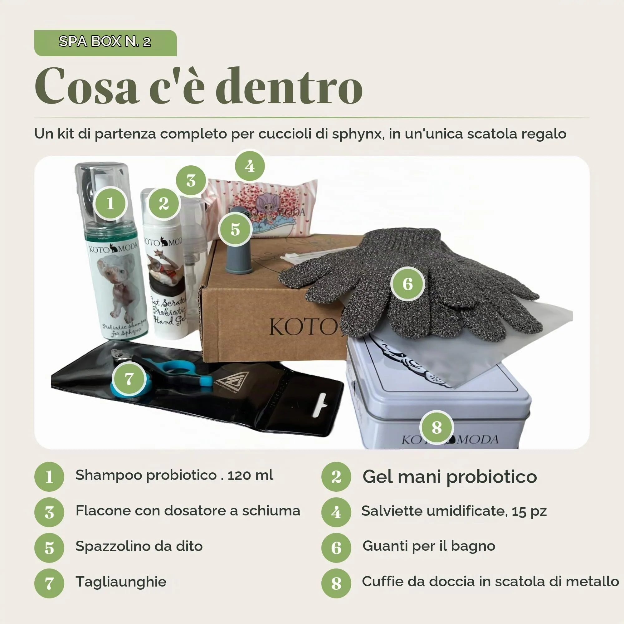 Kit definitivo per i proprietari di gattini Sphynx: Set completo per il vostro animale domestico (shampoo, salviette umidificate, guanti da bagno, tagliaunghie, cuffie da doccia, spazzola per le dita) - immagine 2