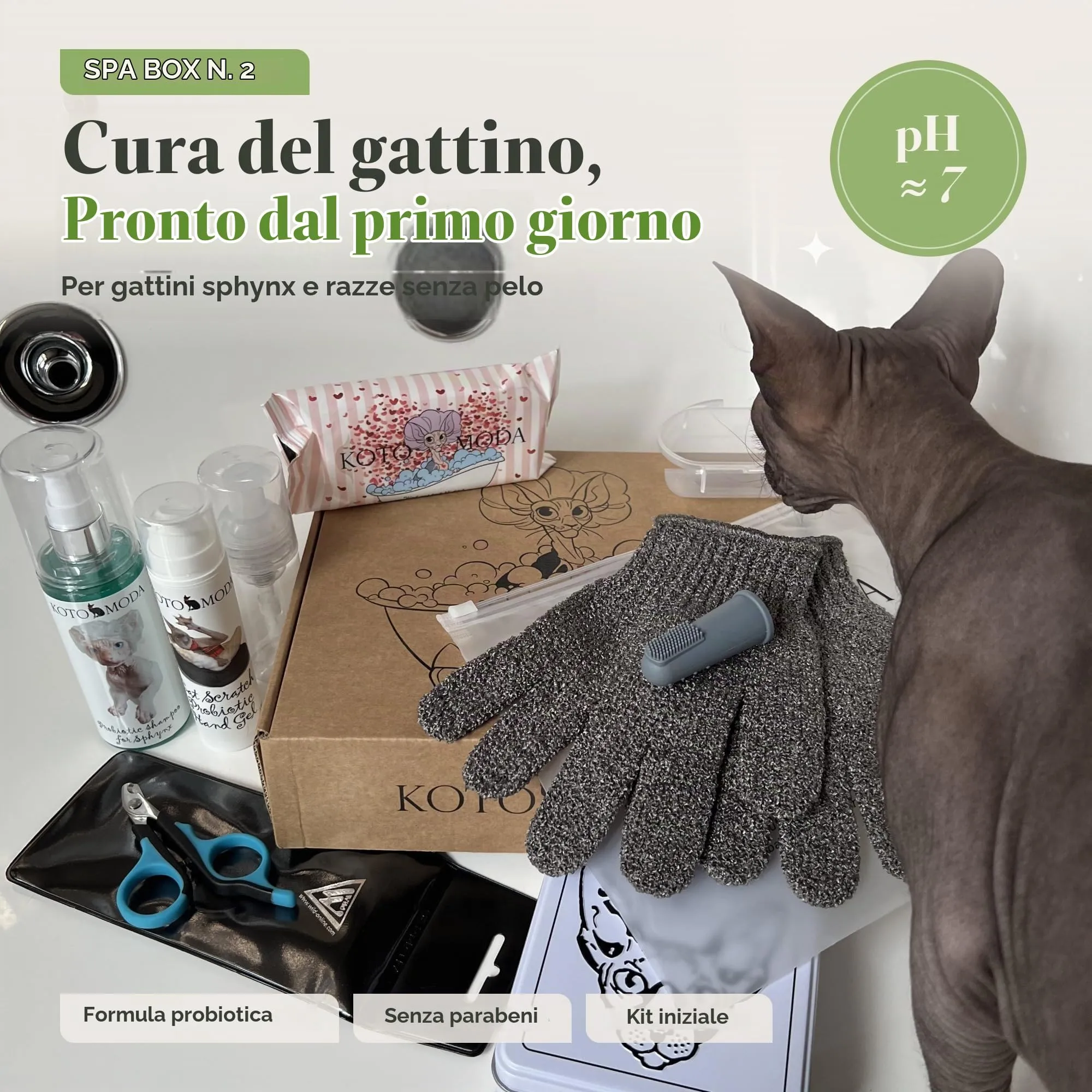 Kit definitivo per i proprietari di gattini Sphynx: Set completo per il vostro animale domestico (shampoo, salviette umidificate, guanti da bagno, tagliaunghie, cuffie da doccia, spazzola per le dita) - immagine 3
