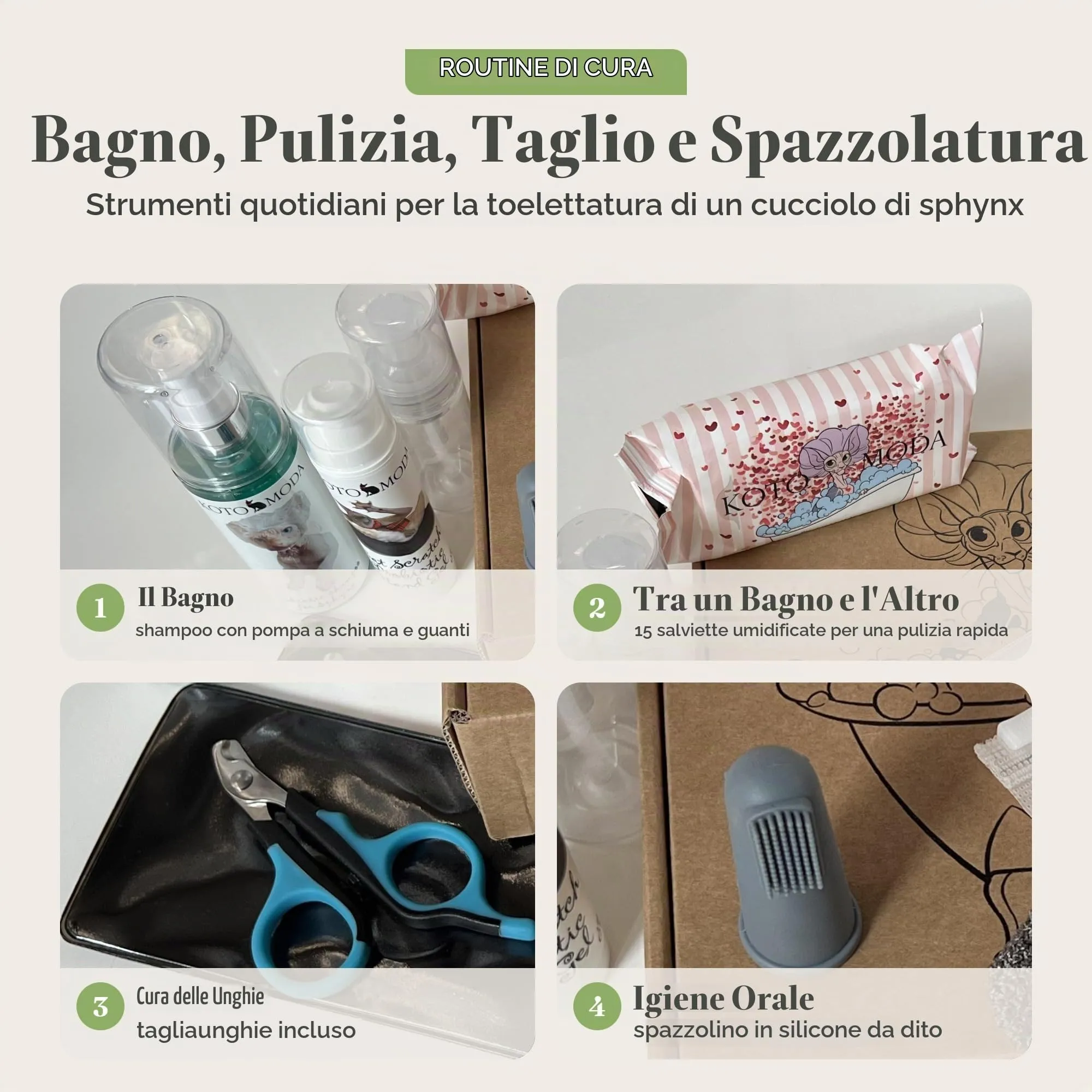 Kit definitivo per i proprietari di gattini Sphynx: Set completo per il vostro animale domestico (shampoo, salviette umidificate, guanti da bagno, tagliaunghie, cuffie da doccia, spazzola per le dita) - immagine 4
