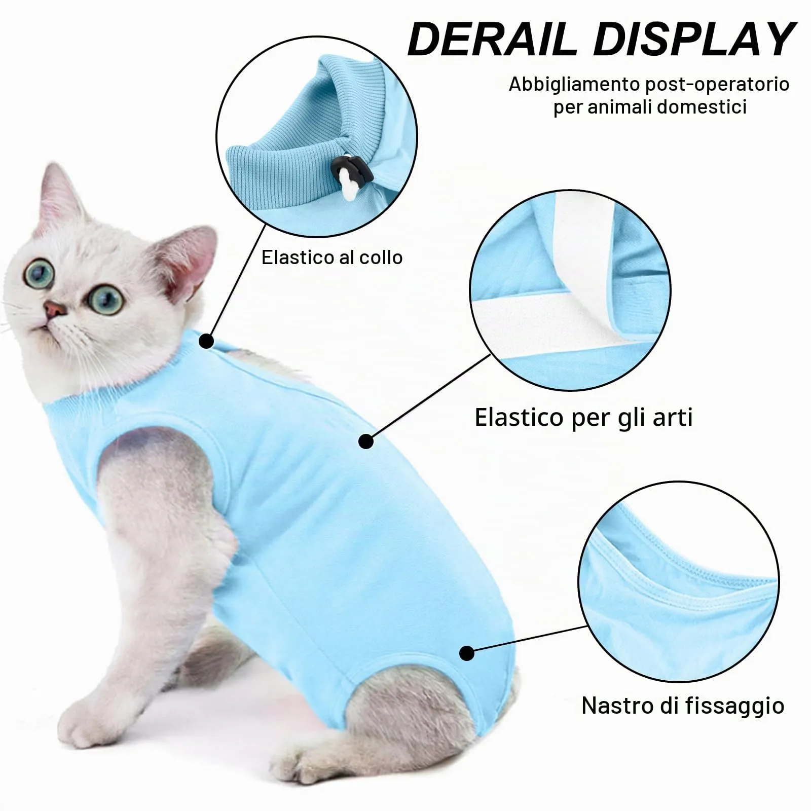 Amexo Tuta da Recupero per Gatti Tutina Post Operatoria per Cani Gatti Colletto Alternativo Anti-Leccato per Gattini Tutina Professionale per Ferite Addominali o Malattie per Animale (Blu, L) - immagine 2
