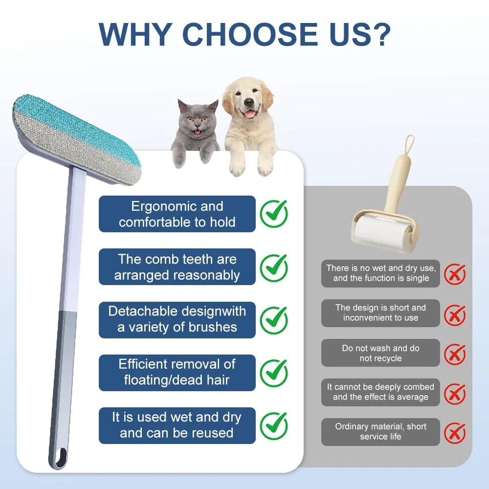 Togli Peli Animali 4 in 1 Manico Extra Iungo Riutilizzabile Spazzola Peli Gatto Adatto Per Mobili Tappeti Abbigliamento Biancheria Da Ietto Remover Gatto - immagine 2