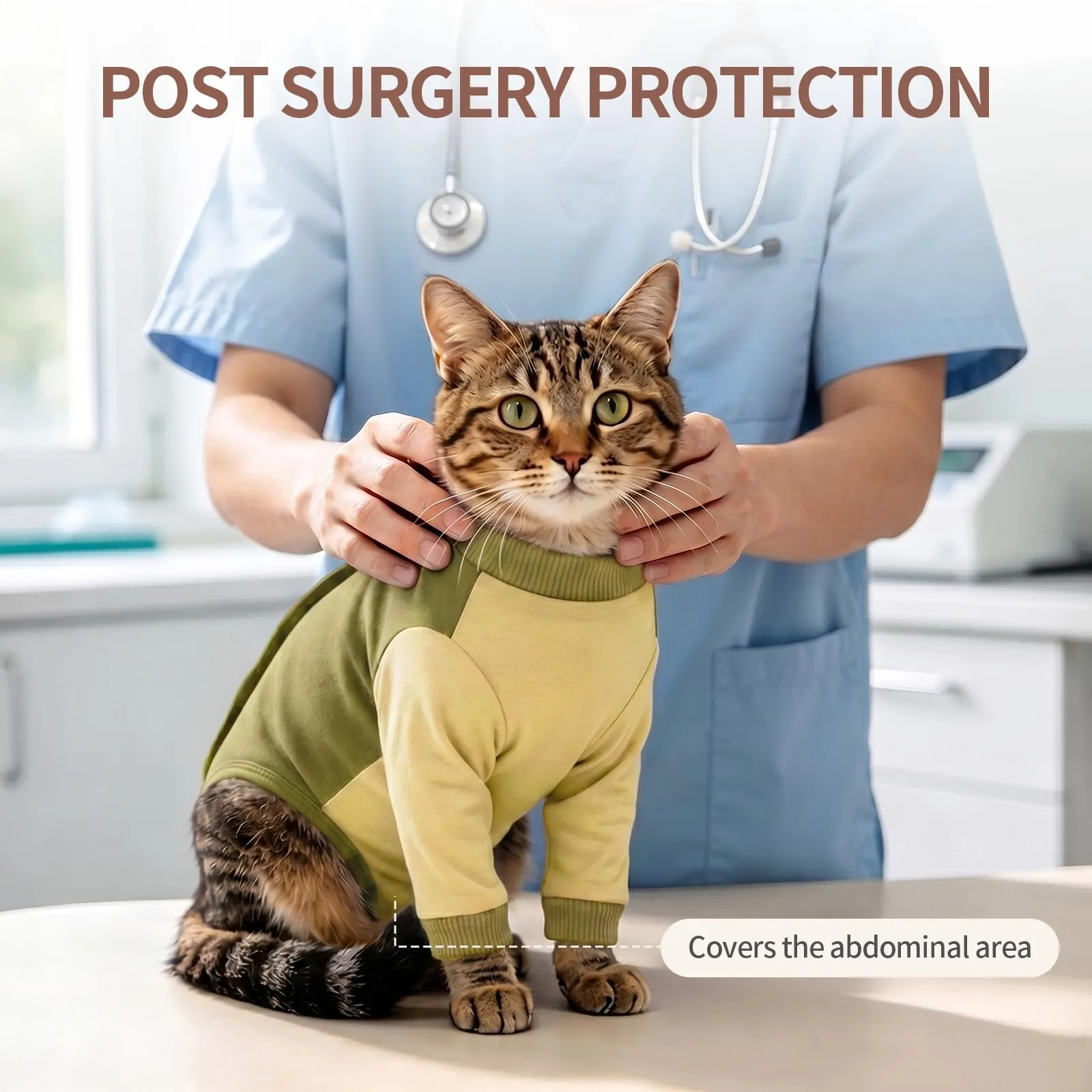 Vestito Gatto Post Operatorio Sterilizzazione - Body Protettivo con Maniche e Velcro, Tuta da Recupero Anti-Leccamento in Cotone, Ideale per Svezzamento e Malattie della Pelle, Verde salvia S - immagine 7