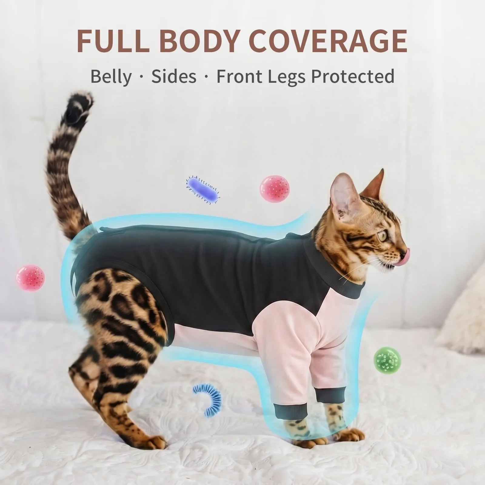 Body Gatto Post Operatorio con Maniche, Tutina Post Sterilizzazione Cotone, Chiusura a Strappo Regolabile, Alternativa al Collare Elisabettiano, Anti-Leccamento per Ferite Addominali, Rosa cipria M - immagine 2
