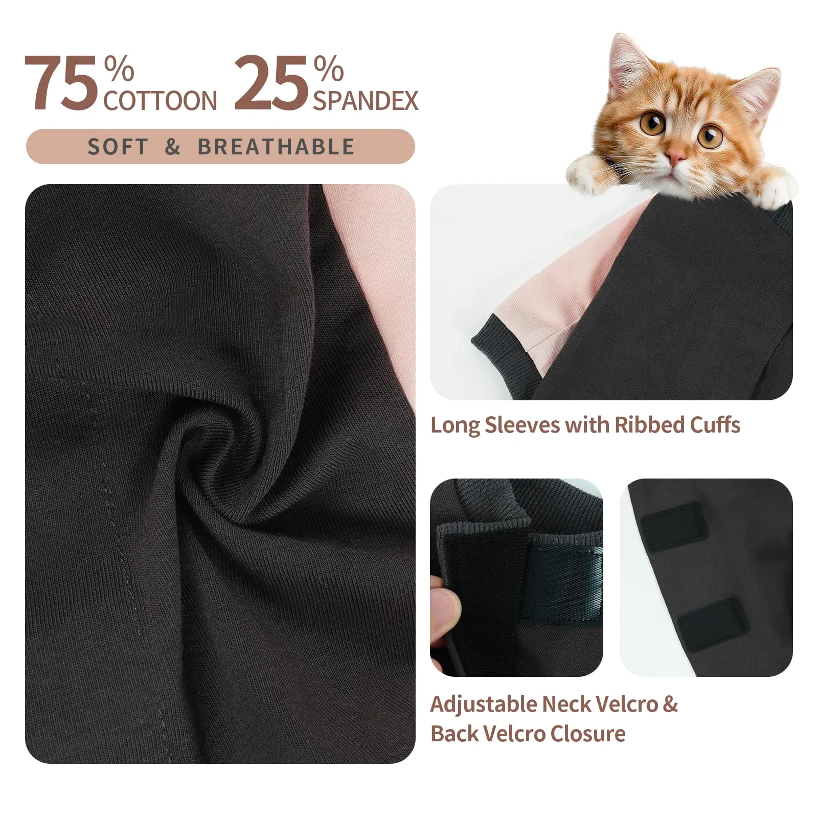 Body Gatto Post Operatorio con Maniche, Tutina Post Sterilizzazione Cotone, Chiusura a Strappo Regolabile, Alternativa al Collare Elisabettiano, Anti-Leccamento per Ferite Addominali, Rosa cipria M - immagine 3