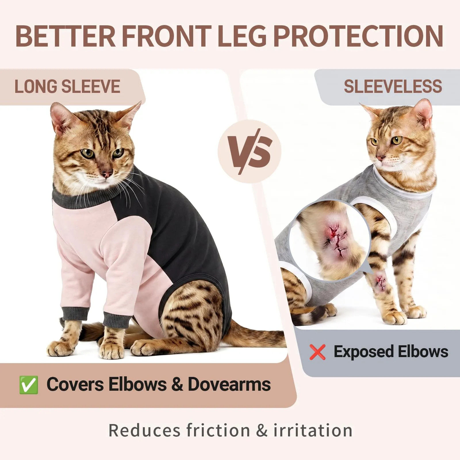 Body Gatto Post Operatorio con Maniche, Tutina Post Sterilizzazione Cotone, Chiusura a Strappo Regolabile, Alternativa al Collare Elisabettiano, Anti-Leccamento per Ferite Addominali, Rosa cipria M - immagine 5