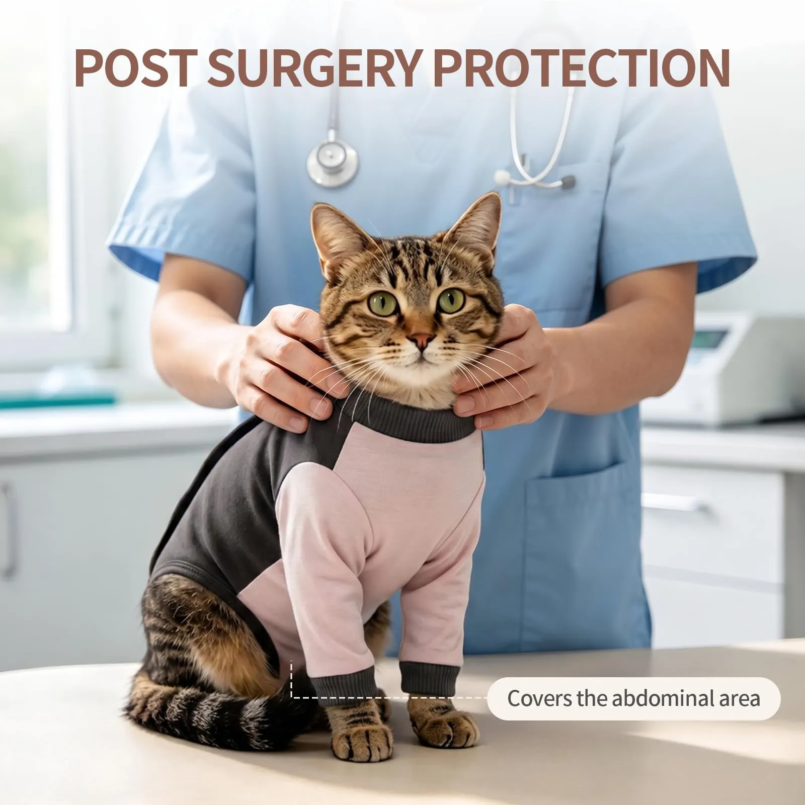 Body Gatto Post Operatorio con Maniche, Tutina Post Sterilizzazione Cotone, Chiusura a Strappo Regolabile, Alternativa al Collare Elisabettiano, Anti-Leccamento per Ferite Addominali, Rosa cipria M - immagine 7
