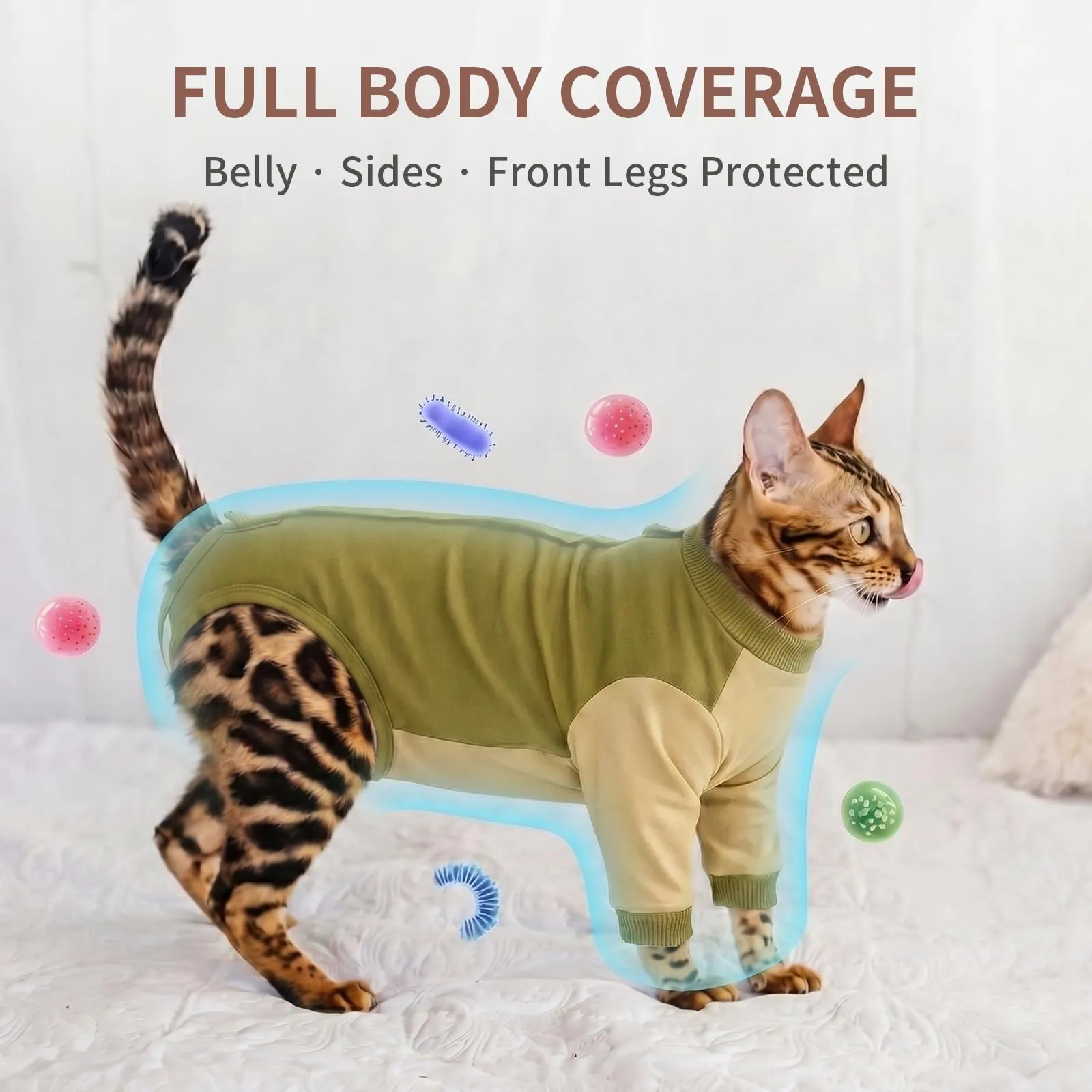 Body Gatto Post Operatorio con Maniche, Tutina Post Sterilizzazione Cotone, Chiusura a Strappo Regolabile, Alternativa al Collare Elisabettiano, Anti-Leccamento per Ferite Addominali, Verde salvia M - immagine 2